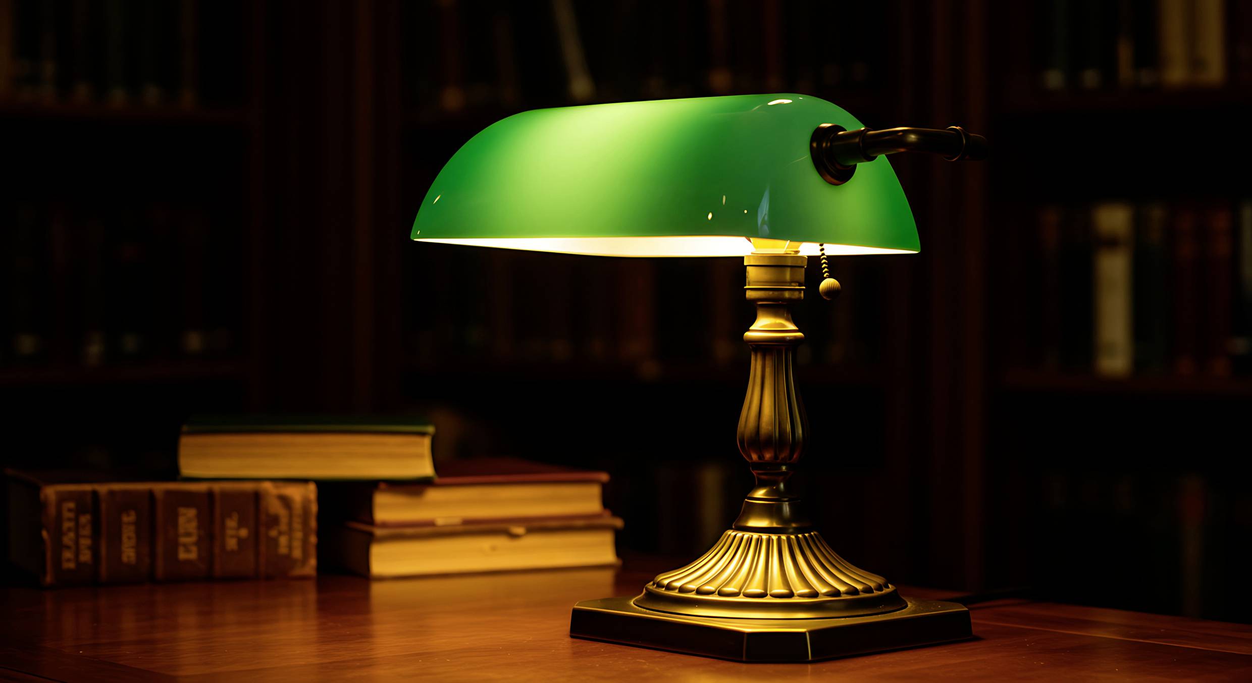 Eine Bankerlampe aus Messing und grünem Glas auf einem Holztisch in einer Bibliothek, mit einem Stapel Bücher im Hintergrund.