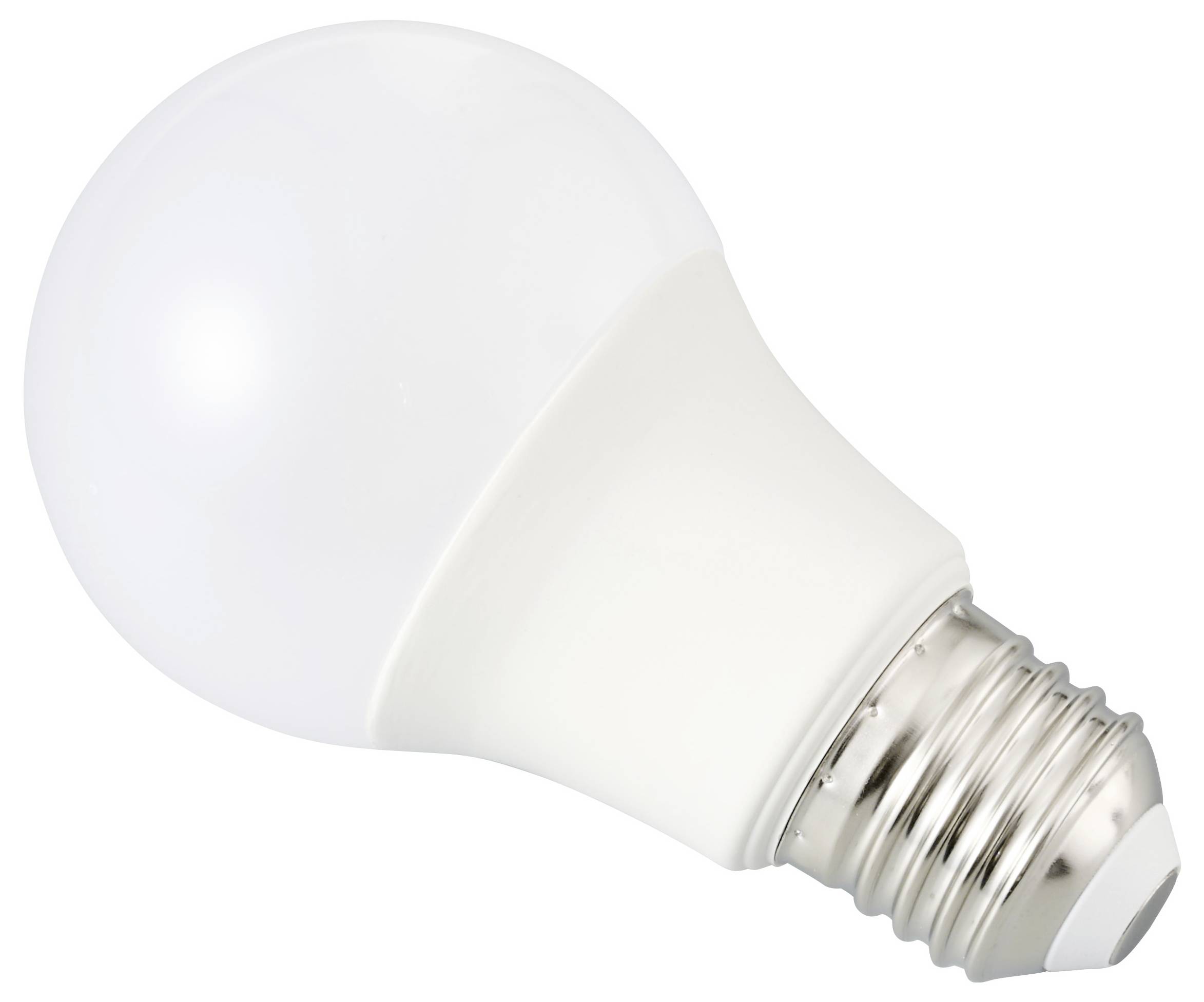 Eine weiße LED-Glühbirne mit einer metallfarbenen Schraubfassung, vor einem weißen Hintergrund.