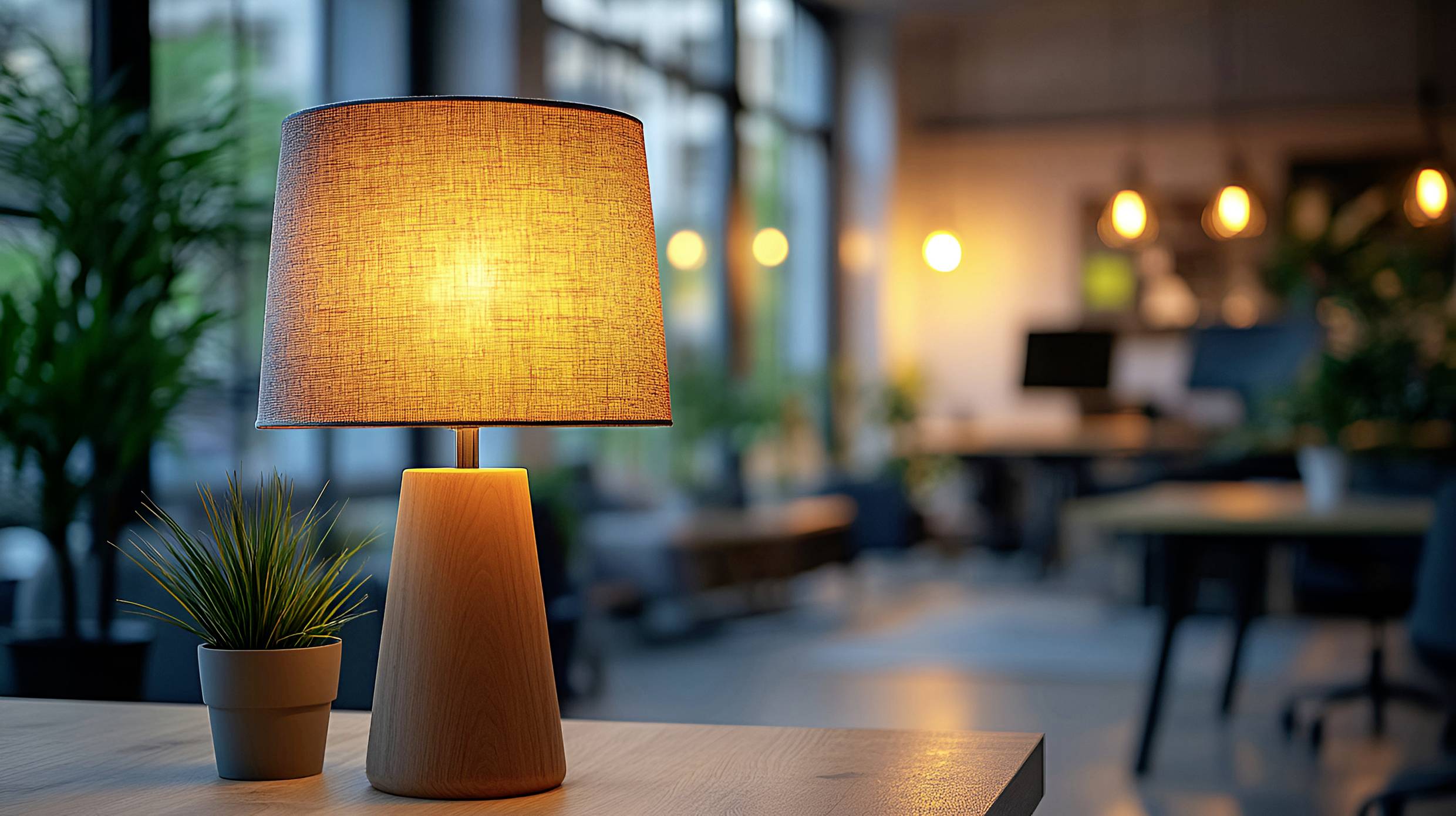 Eine warme, leuchtende Tischlampe auf einem Holzschreibtisch in einem modernen Büro mit unscharfem Hintergrund, einschließlich großer Fenster und Zimmerpflanzen.