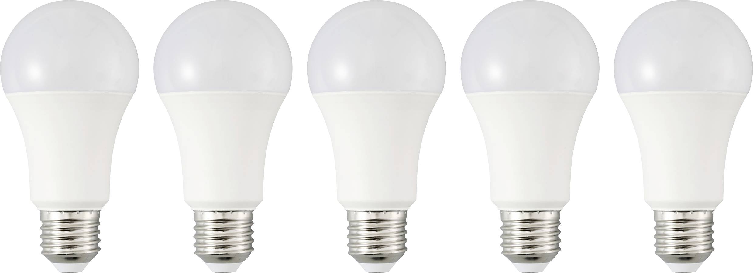 Fünf LED-Glühbirnen, in einer Reihe ausgerichtet, präsentieren ihr modernes, energieeffizientes Design mit weißem Birnenoberteil und silberner Schraubfassung.