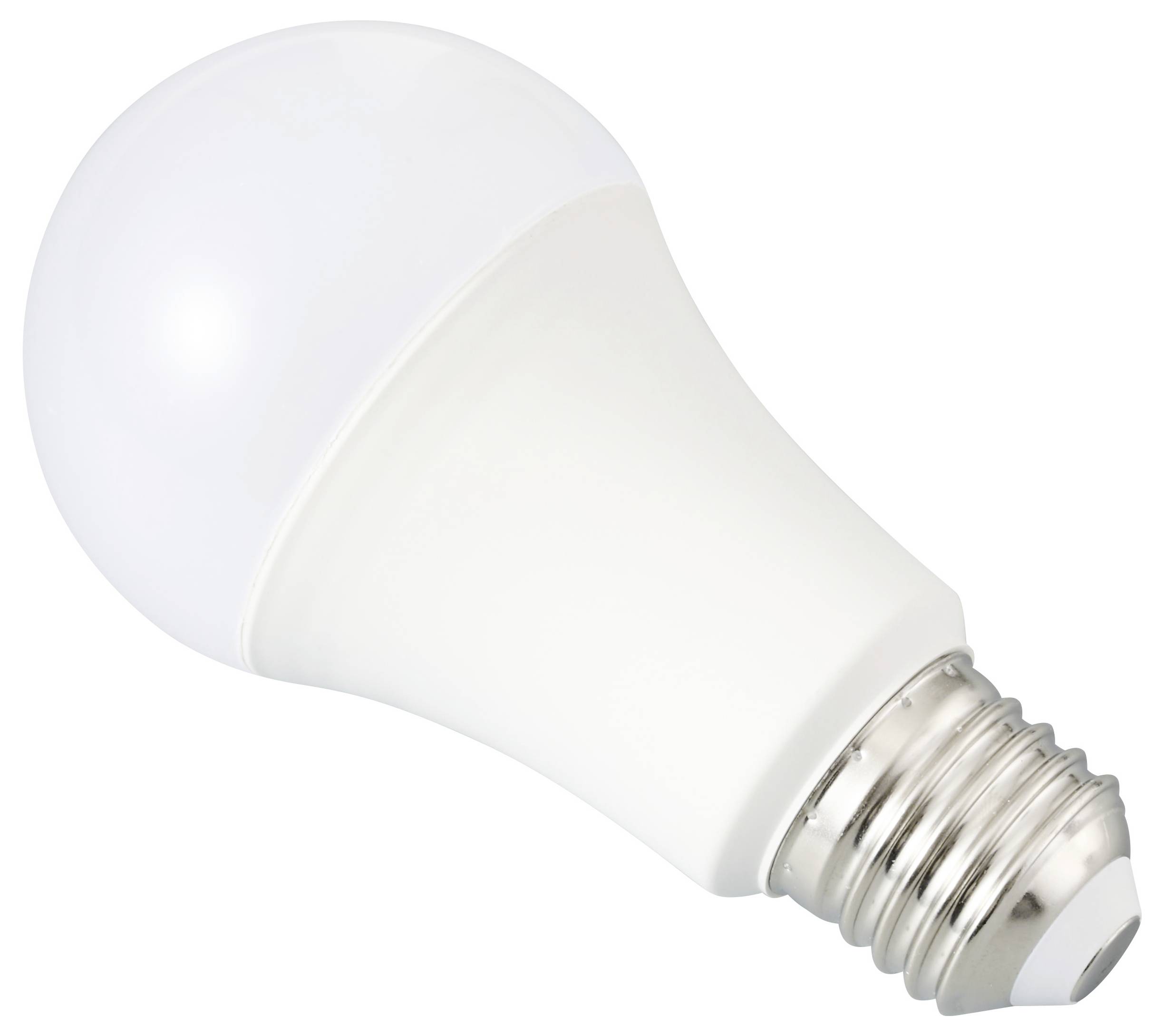 Eine weiße LED-Glühbirne mit einer Standard-Schraubfassung, geeignet für allgemeine Beleuchtung.