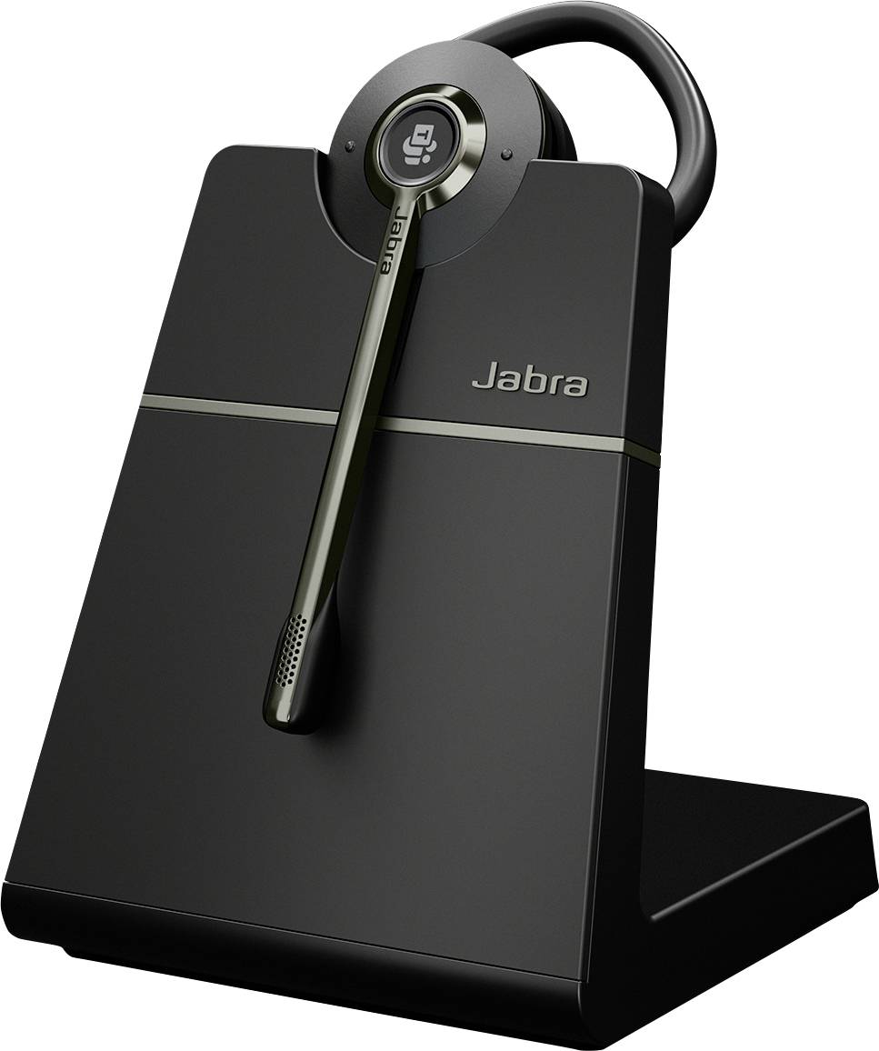 Schwarzes Jabra-Headset mit Auflade-Station, geeignet für Telefonkonferenzen und Freisprechanrufe, auf einem Tisch platziert.