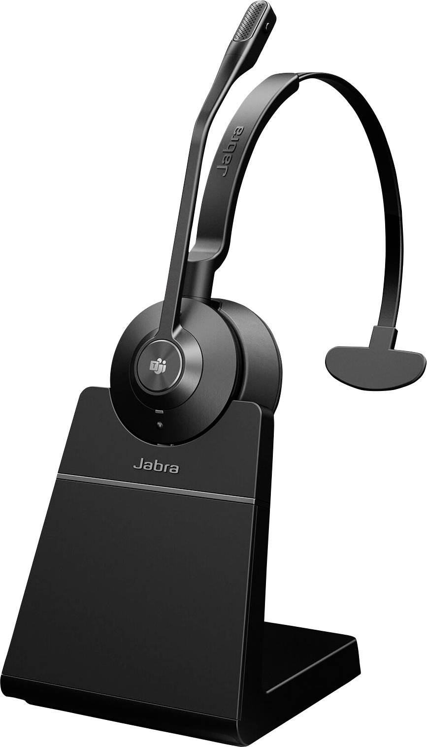 Ein schwarzes schnurloses Headset auf einem Ladegerät. Das Headset hat ein Ohrpolster und ein Mikrofonarm, geeignet für Bürokommunikation.