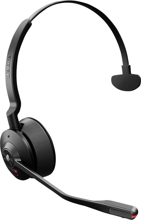 Kabelloses schwarzes Headset mit Mikrofonarm, geeignet für Telefonkonferenzen und Büroumgebungen.