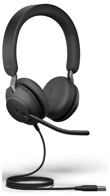 Schwarzes Headset mit Mikrofonarm und USB-Anschluss. Geeignet für Telefonate und Musikwiedergabe.