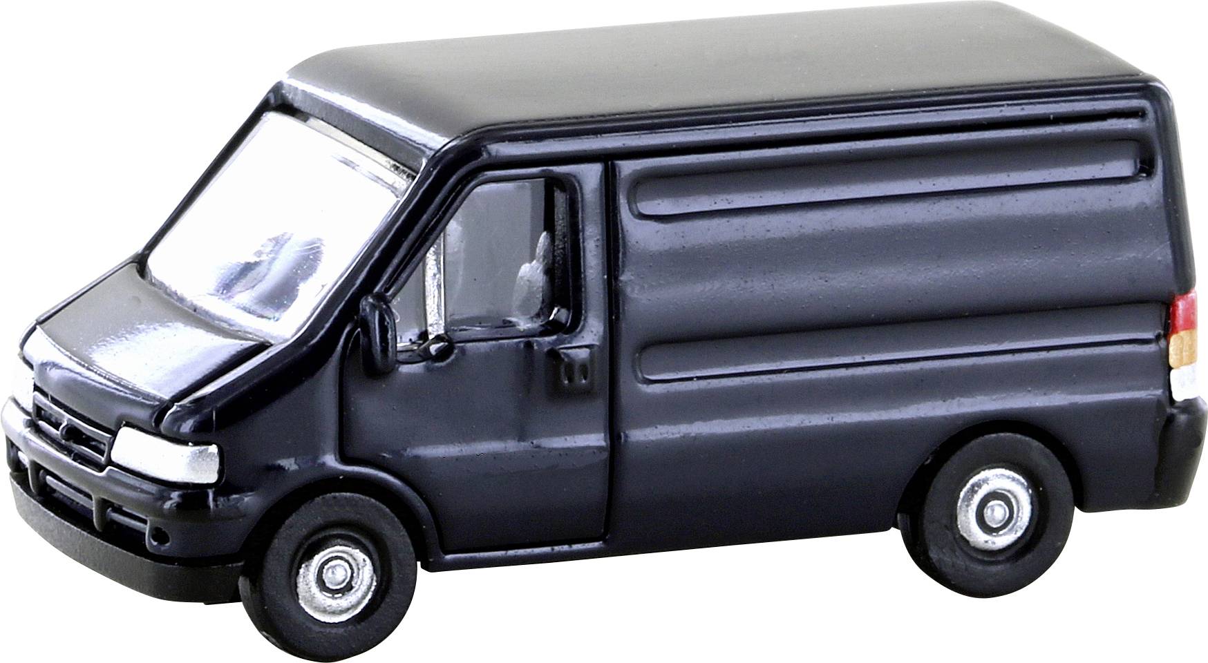 Schwarzer Spielzeug-Lieferwagen mit silbernen Details, seitlich von vorne gesehen.