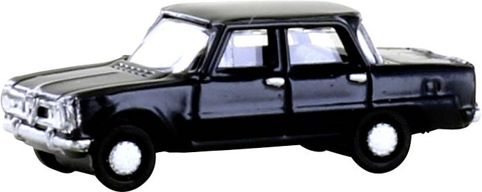 Ein schwarzes Modellauto im Maßstab, das stilisiert und detailreich gestaltet ist. Das Auto hat vier Türen und zeigt klassische Merkmale.