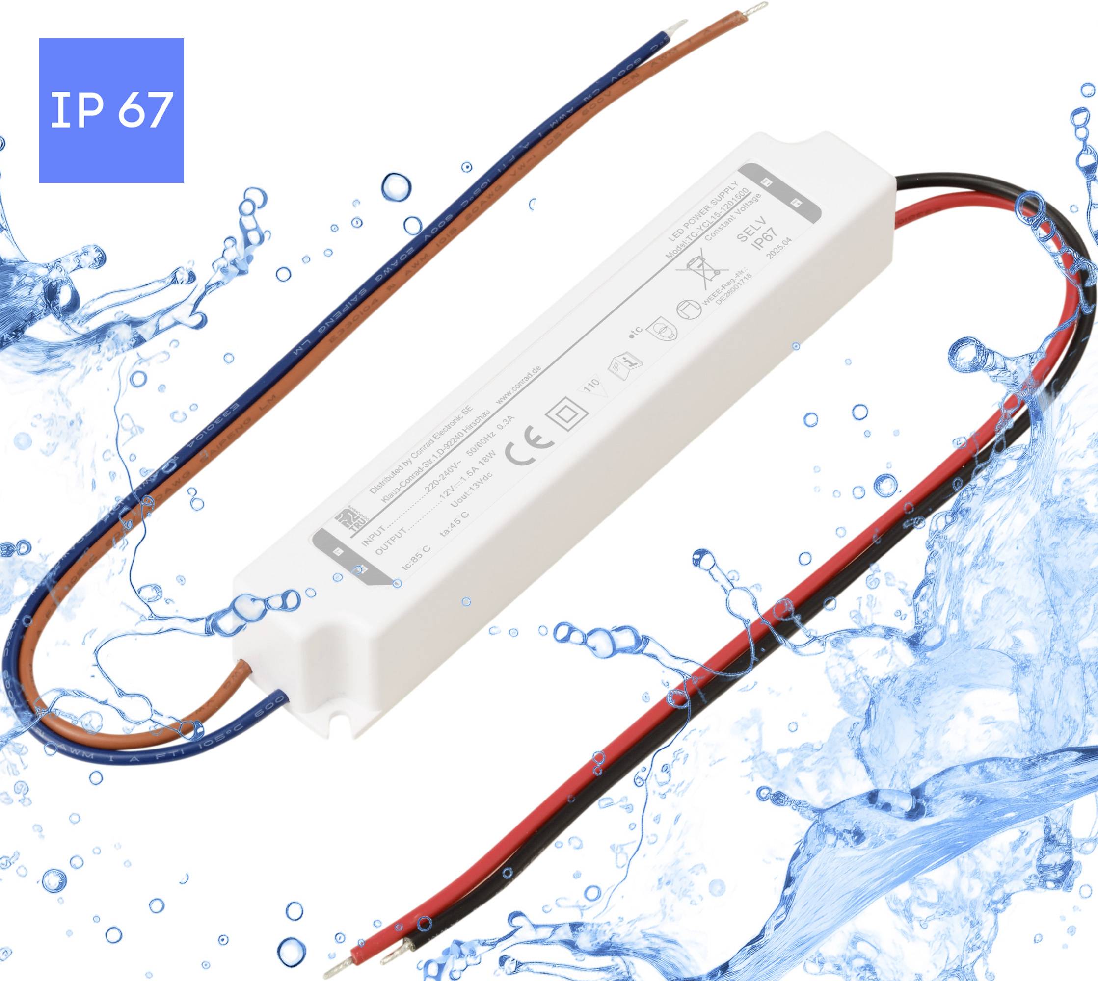 Ein wasserdichter LED-Treiber mit einem weißen rechteckigen Gehäuse, mit der Beschriftung 'IP 67', umgeben von spritzendem Wasser, um Wasserbeständigkeit zu signalisieren.