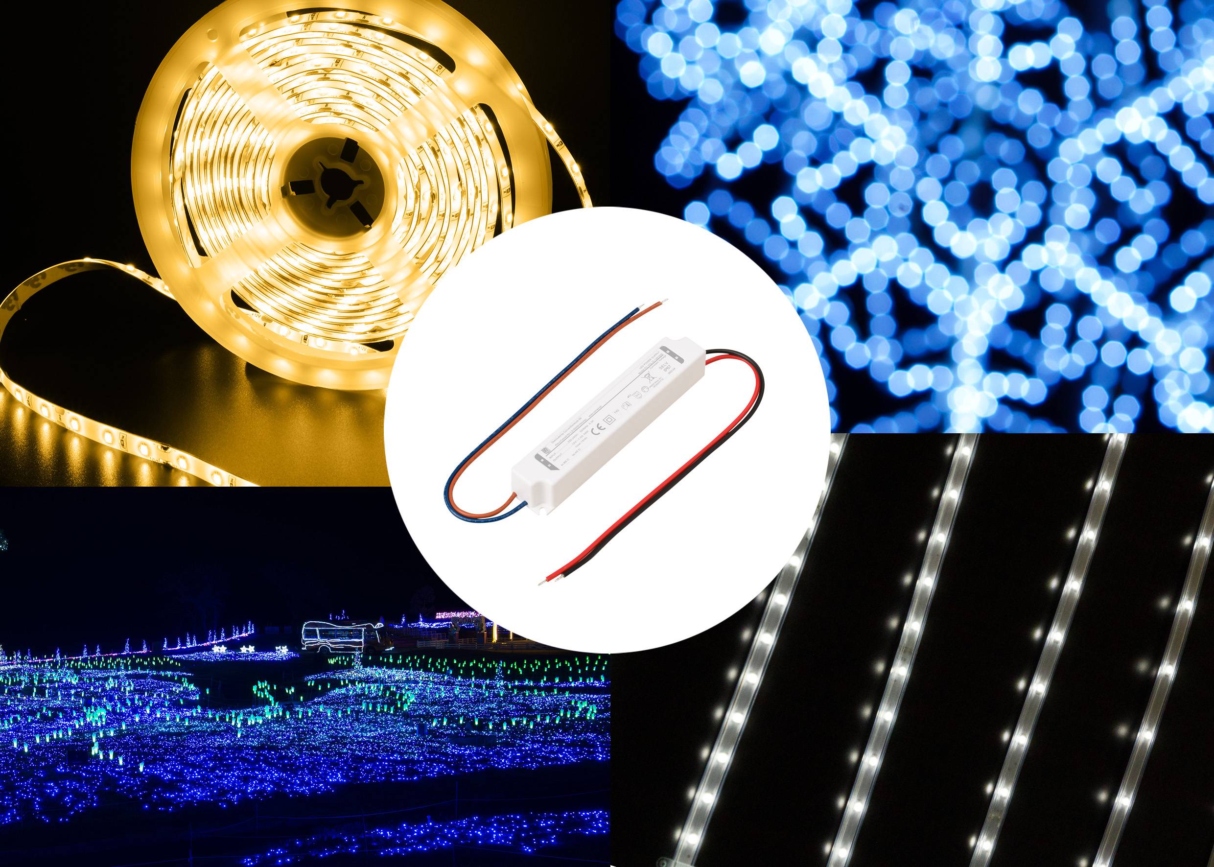 Eine Collage, die LED-Leuchten zeigt: ein warmer gelber Streifen, weiße Sterne und ein Feld blauer LEDs, mit einem LED-Treiber in der Kreismitte.