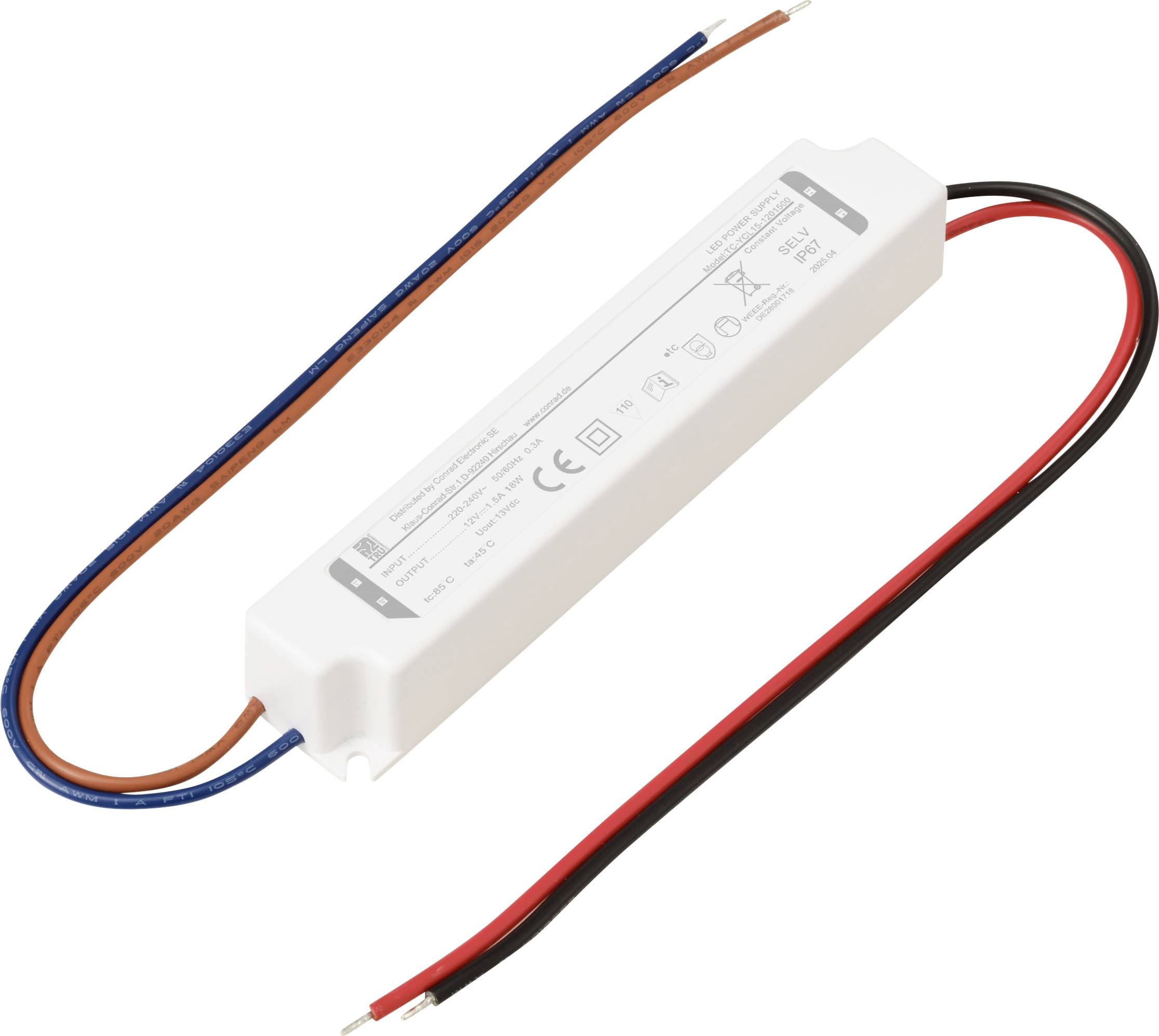 Eine weiße rechteckige LED-Stromversorgung mit blauen und braunen Kabeln auf einer Seite und roten und schwarzen Kabeln auf der anderen Seite.