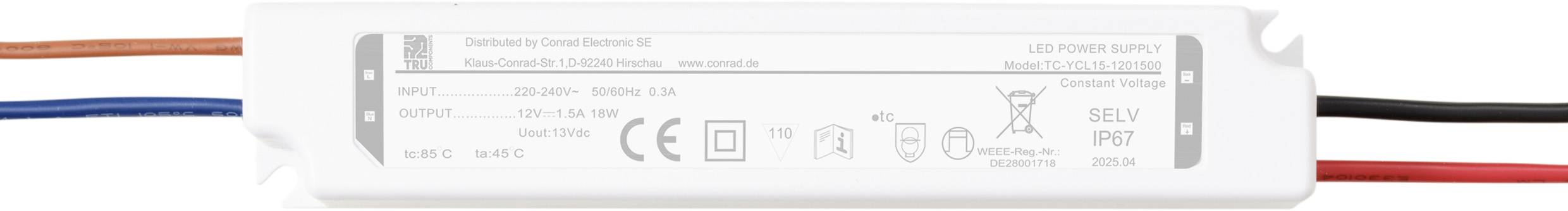 Ein rechteckiger LED-Treiber mit Eingabe-/Ausgangsspezifikationen, Sicherheitssymbolen und CE-Kennzeichnung.