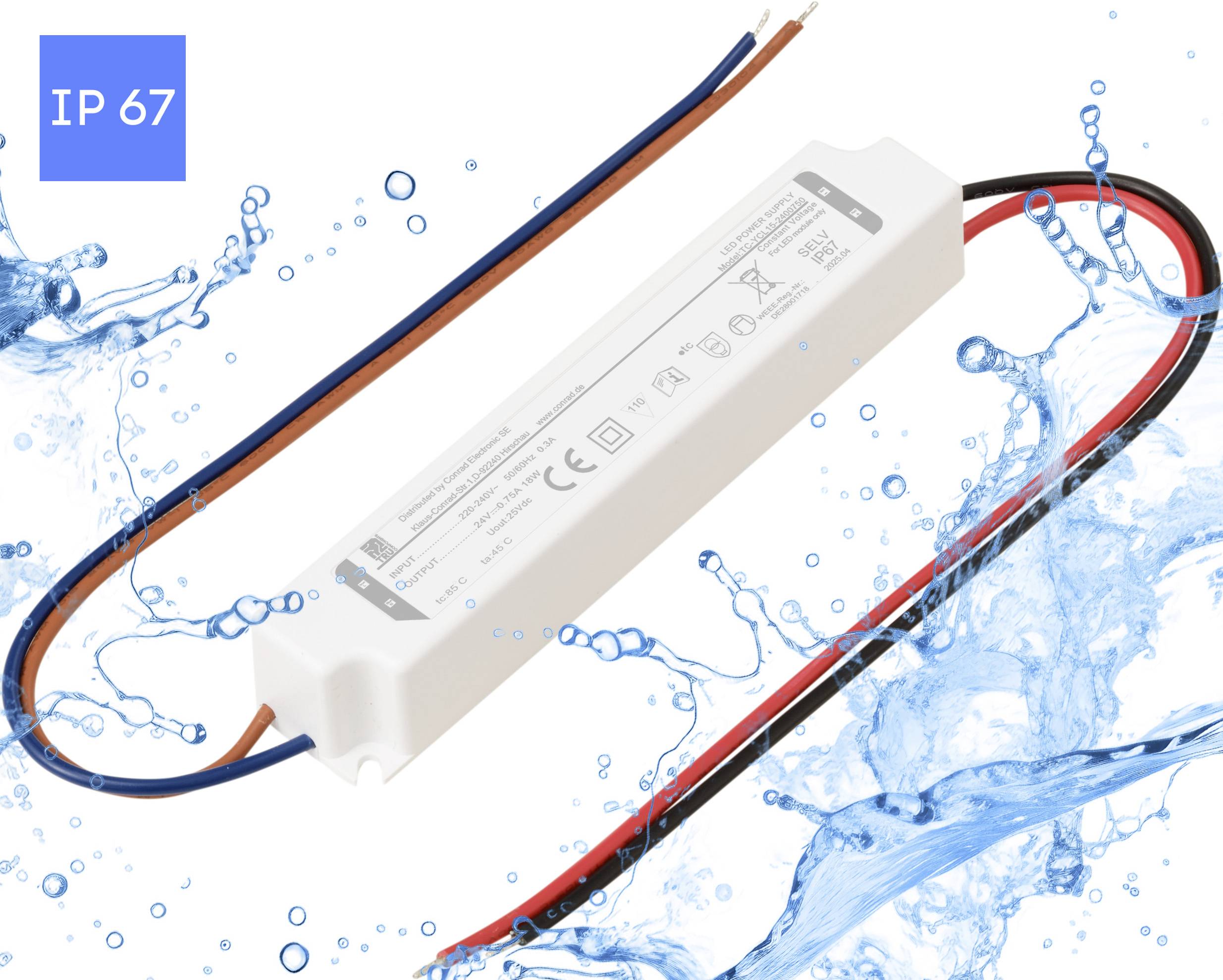 Ein wasserdichter, rechteckiger LED-Treiber mit blauen und roten Kabeln wird vor einem Wasserspritzhintergrund gezeigt, mit der Kennzeichnung 'IP 67' zur Kennzeichnung des Schutzes.