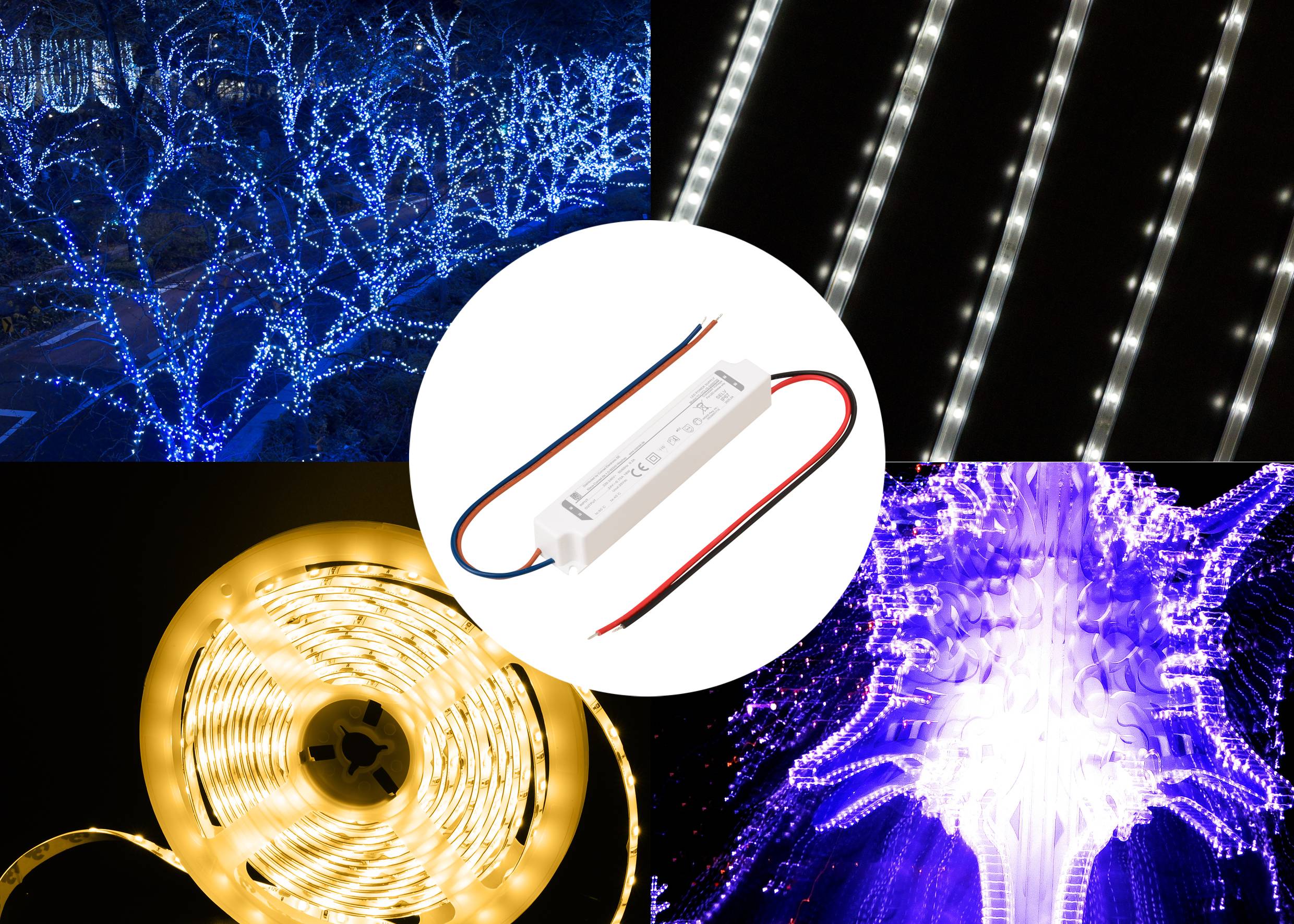 LED-Beleuchtung in verschiedenen Farben und Konfigurationen: blaue Baumbeleuchtung, weiße Streifen, gelbe Spulen und dekorative lila Musterung mit einem zentralen Strommodul.