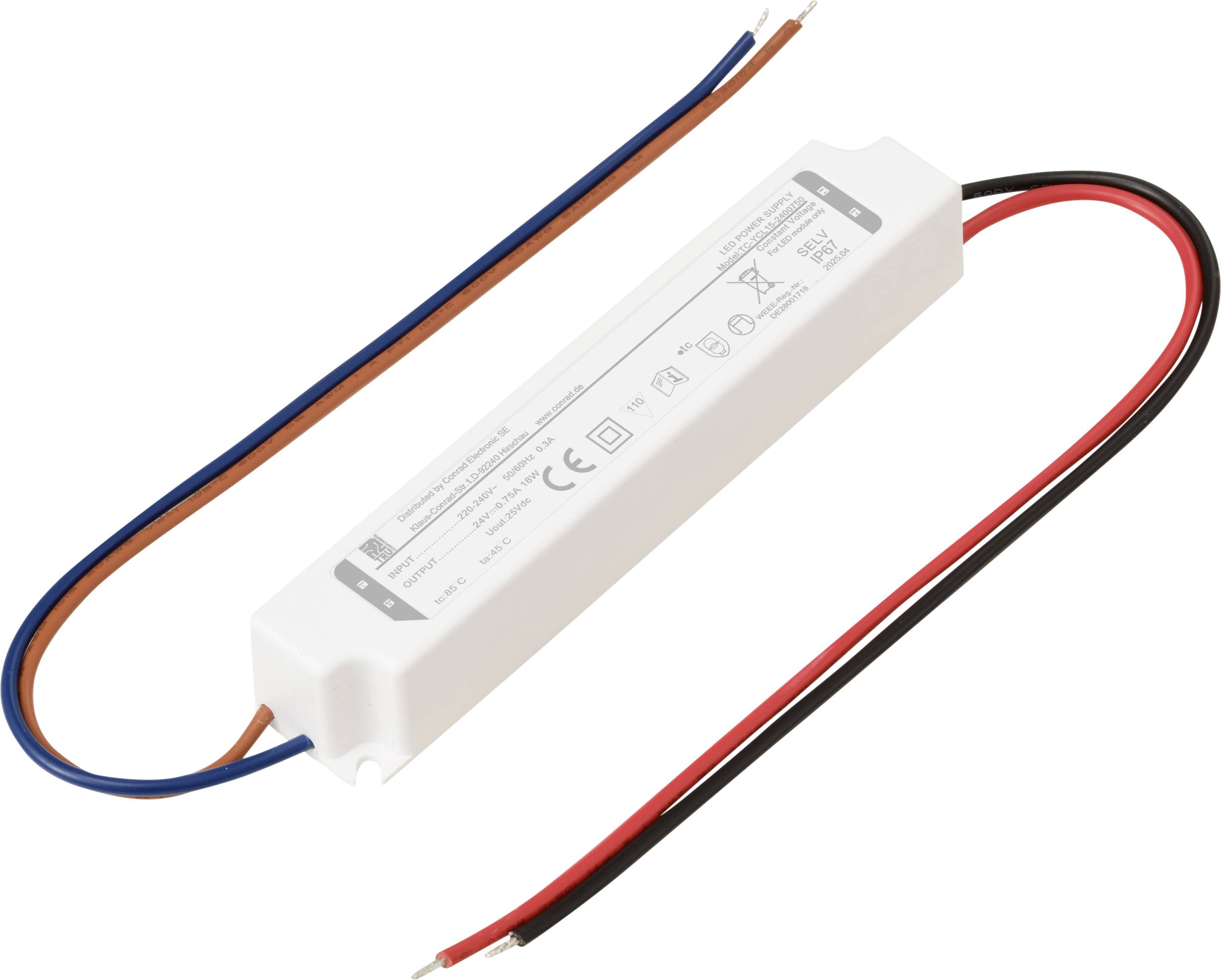 Ein rechteckiges LED-Netzteil mit beschrifteten Spezifikationen und vier farbcodierten Anschlussleitungen für elektrische Installationen.