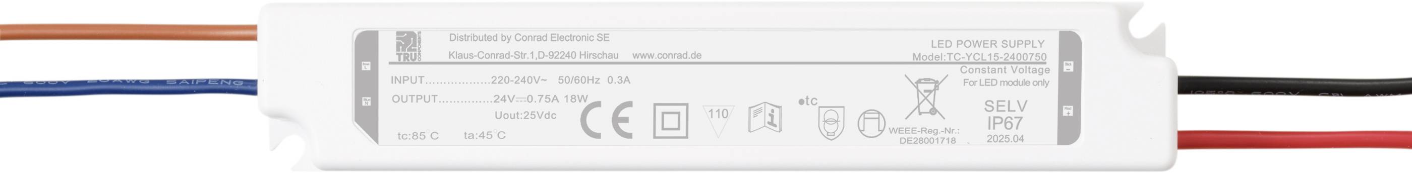 Ein weißes elektrisches Gerät mit Spezifikationen: 'Ausgang: 20W 650mA 10-30V', CE- und RoHS-Kennzeichnungen sowie Drahtanschlüssen an beiden Enden.