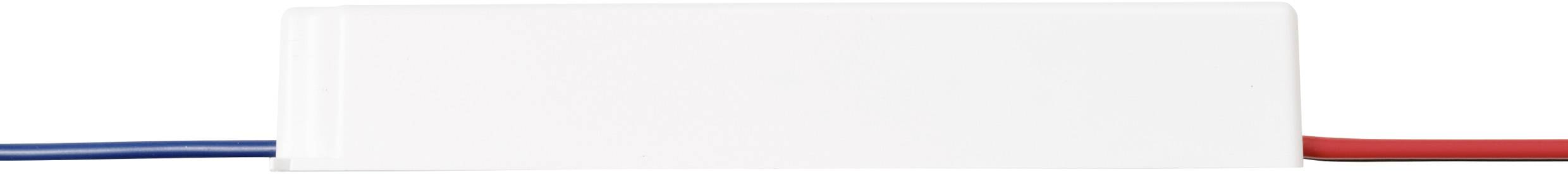 Ein kleines rechteckiges elektronisches Gerät mit blauen und roten Kabeln, die von beiden Seiten herausragen, höchstwahrscheinlich eine Baukomponente.