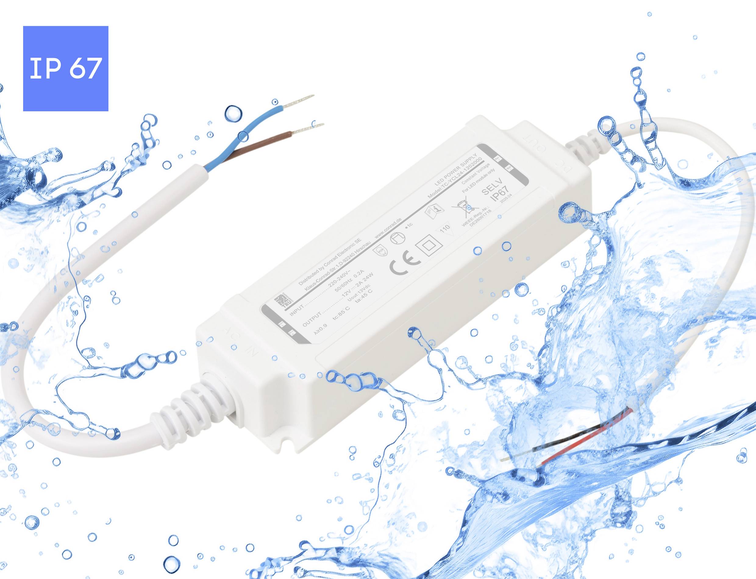 Ein wasserdichter LED-Treiber wird mit Wasserspitzen gezeigt, der seine IP67-Einstufung unterstreicht und hohe Wasserbeständigkeit und Haltbarkeit verdeutlicht.