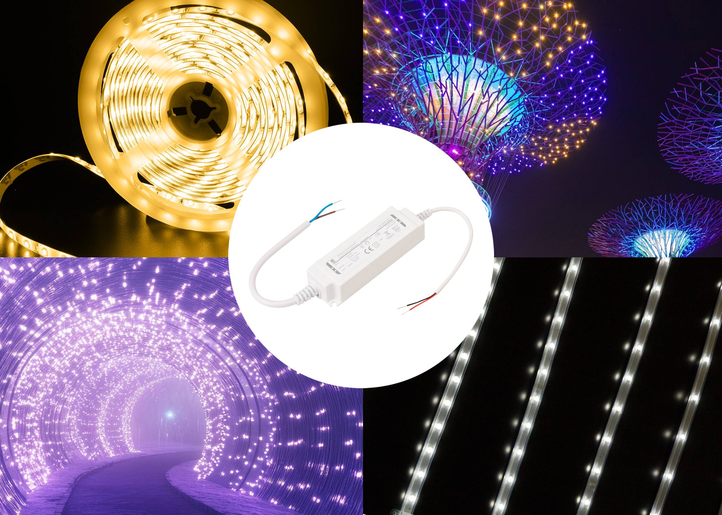 Eine Collage zeigt verschiedene LED-Beleuchtungssetups: eine Spule mit warmweißen Lichtern, in Blau und Lila beleuchtete kuppelförmige Strukturen, einen Lichttunnel und gerade weiße Lichter, mit einem zentralen Steuergerät.