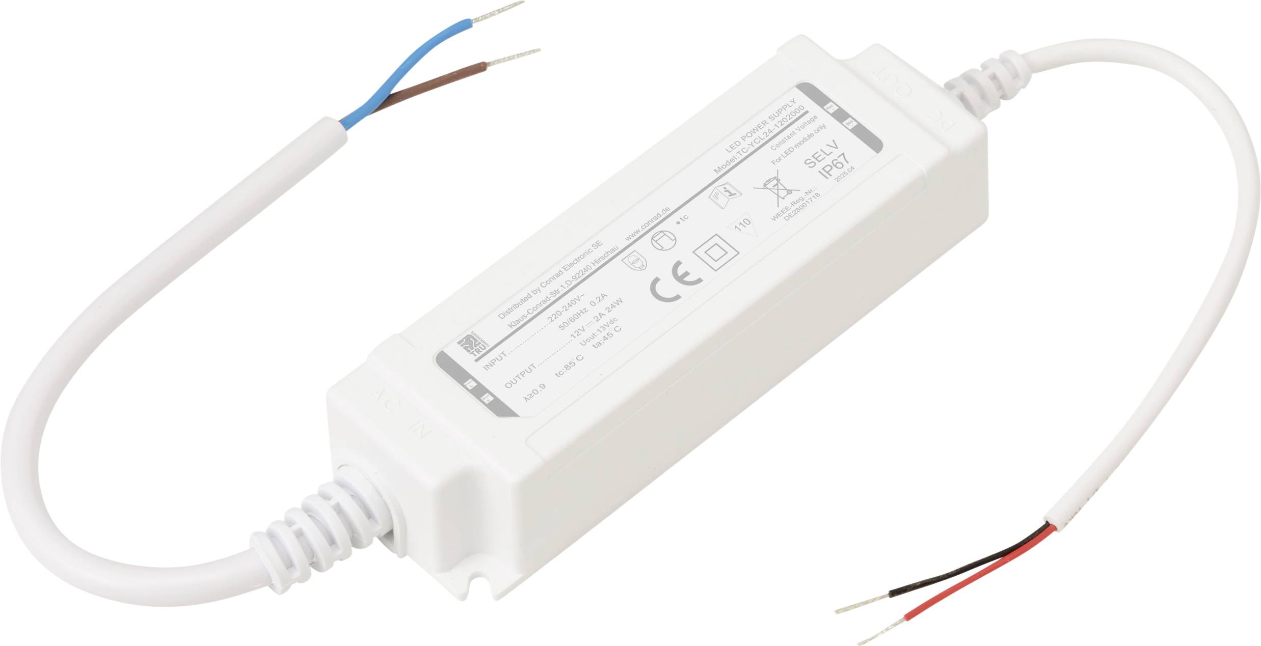 Ein rechteckiger weißer LED-Treiber mit Eingangs-/Ausgangskabeln, der technische Spezifikationen und Symbole zeigt und zum Betrieb von LED-Leuchten verwendet wird.