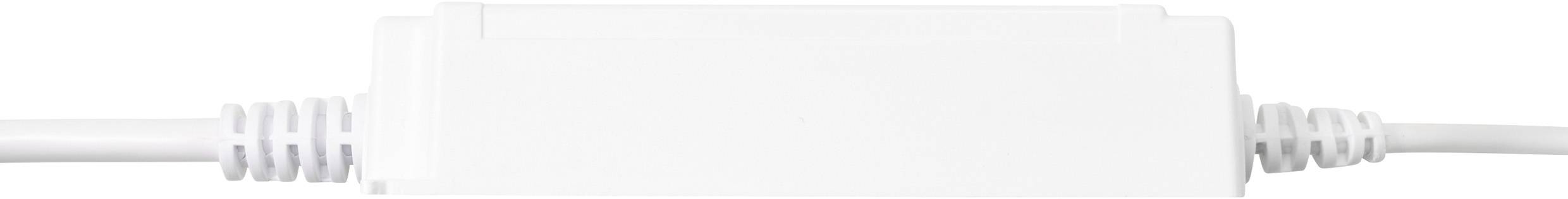 Ein weißer rechteckiger elektronischer Adapter mit Kabeln an beiden Enden, der zum Anschließen oder Stromversorgen eines Geräts verwendet wird.