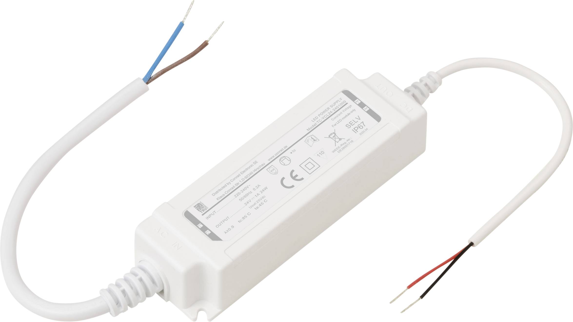 Eine weiße LED-Stromversorgung mit Eingangs- und Ausgangskabeln, ausgestattet mit aufgedruckten Spezifikationen auf dem Gehäuse.