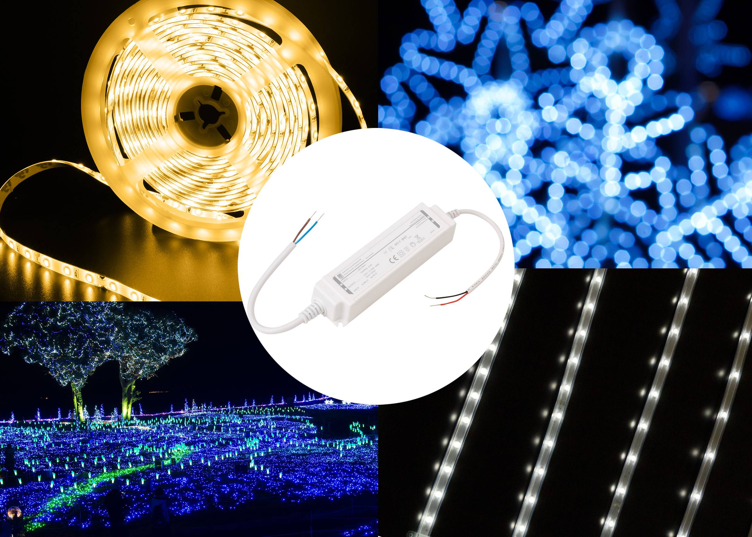 Collage von LED-Beleuchtung, einschließlich aufgewickelter Lichtstreifen, blauen Schneeflockenmustern, festlicher Außenbeleuchtung und linearen Lichtstreifen mit einem Netzteil in der Mitte.