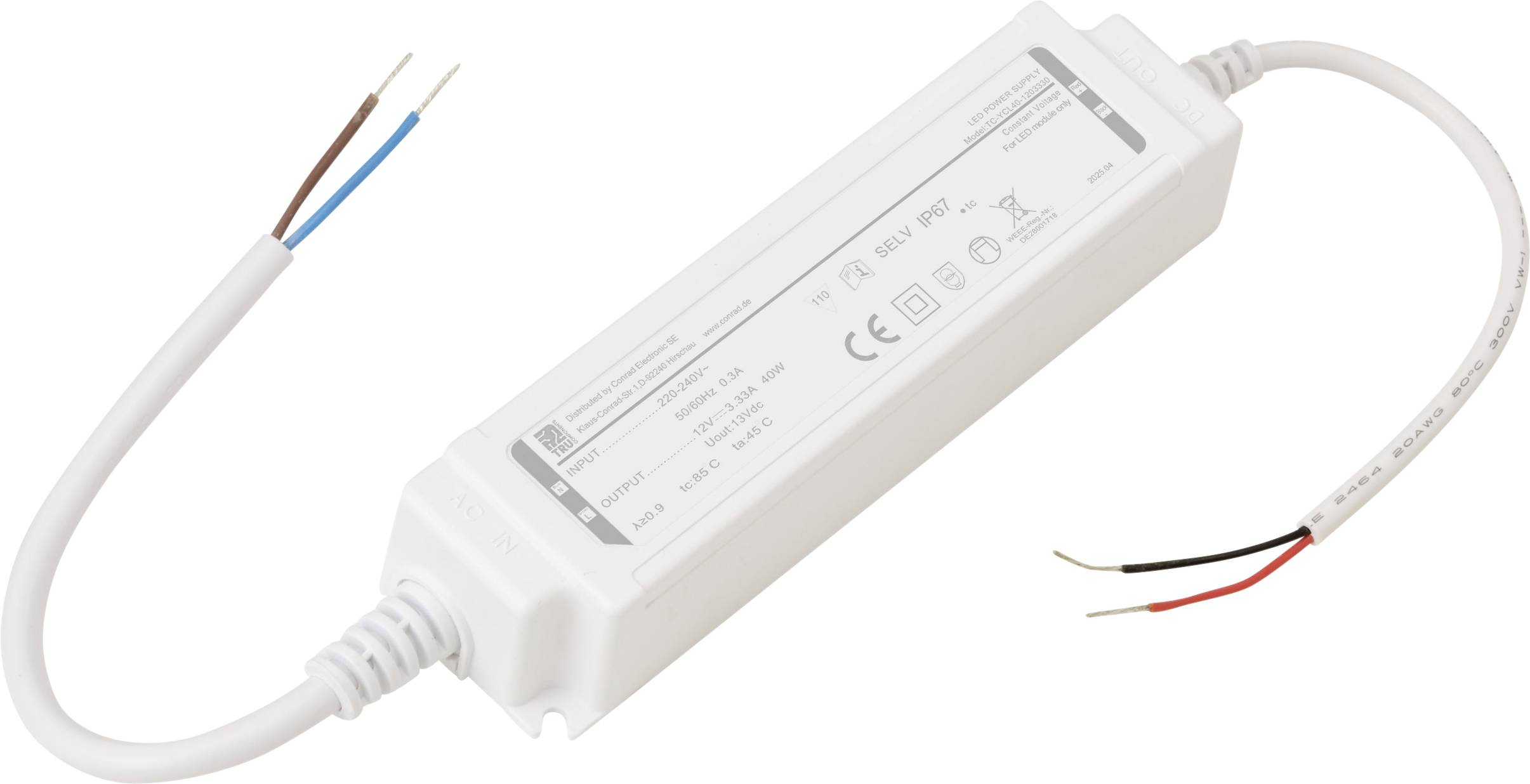 Ein rechteckiger LED-Transformator mit Drähten an beiden Enden und verschiedenen Symbolen und Text auf der Oberfläche, der zur Spannungsumwandlung für LED-Beleuchtung verwendet wird.