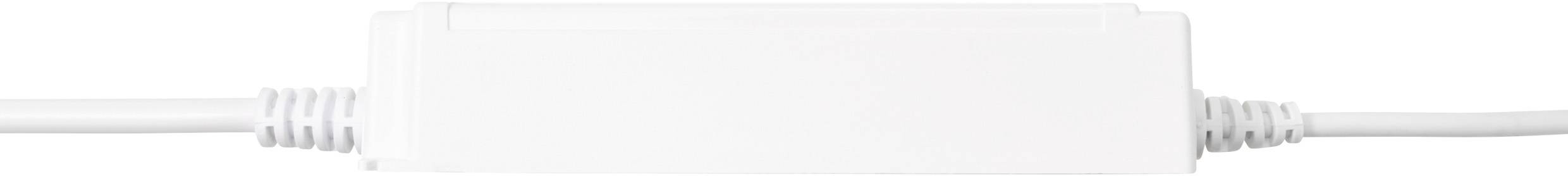 Ein weißer Inline-Schalter mit sichtbaren Verbindungskabeln an beiden Enden vor einem weißen Hintergrund.