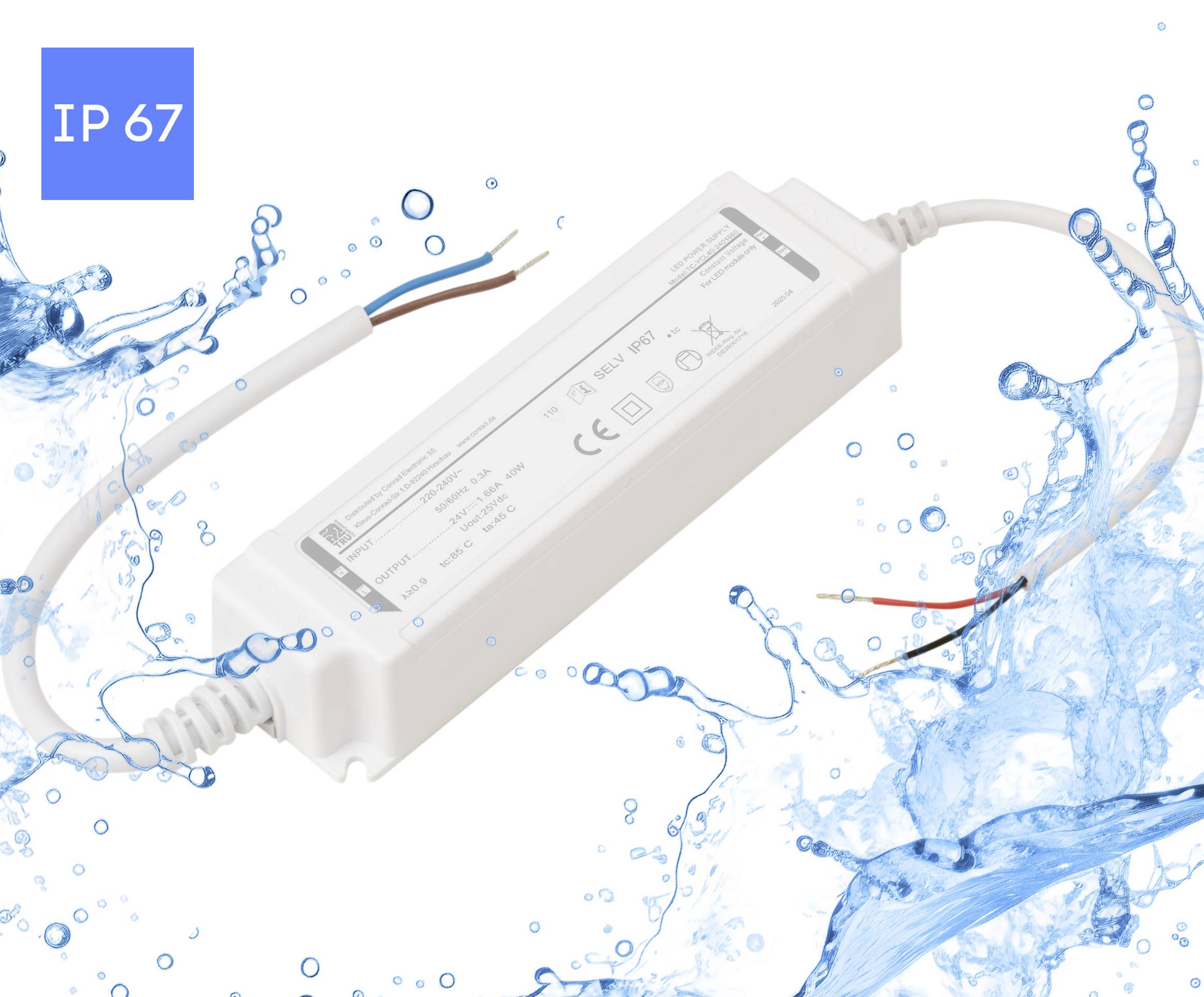 Ein wasserdichter LED-Treiber mit abgetrennten Leitungen, umgeben von Wasserspitzen, was seine Eignung für feuchte Umgebungen andeutet.