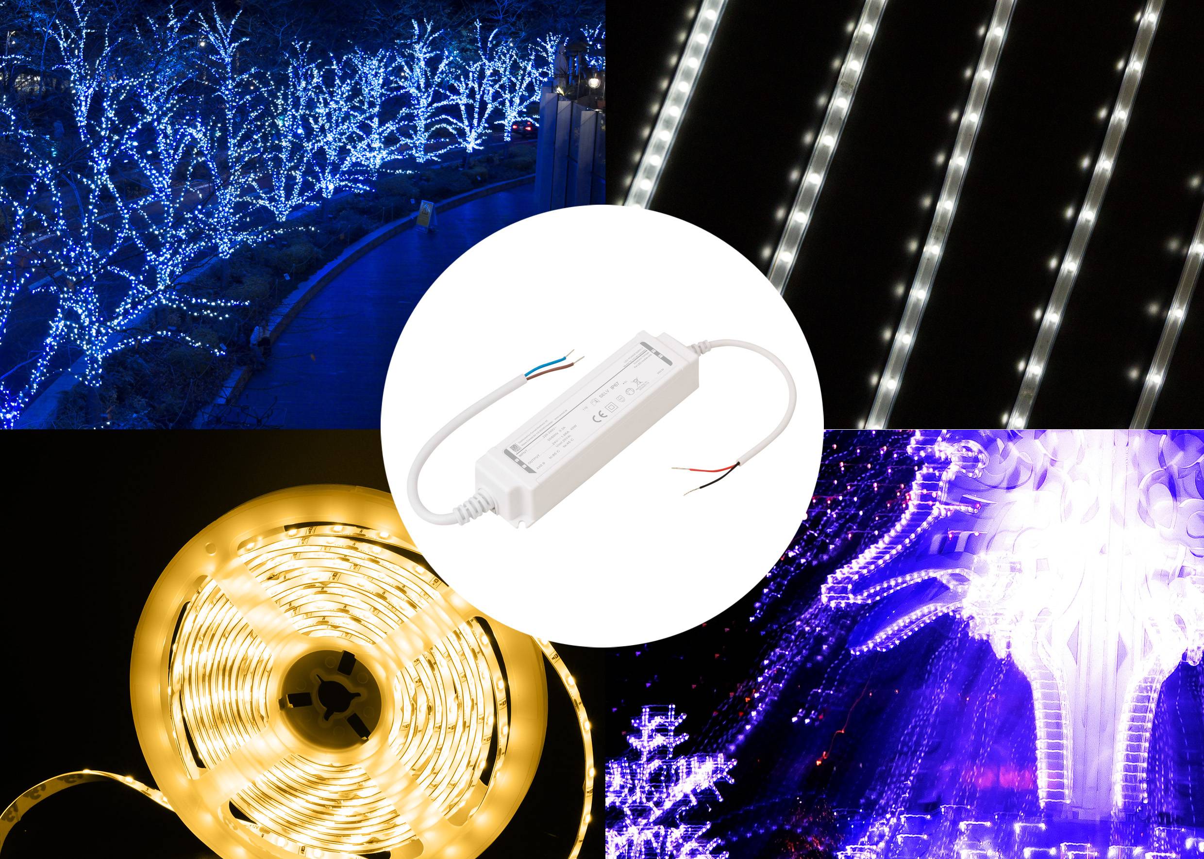 Eine Collage, die verschiedene LED-Beleuchtungsaufbauten zeigt: blaue Baumbeleuchtung, Lichtstreifen und dekorative Displays, mit einem LED-Controller in der Mitte.