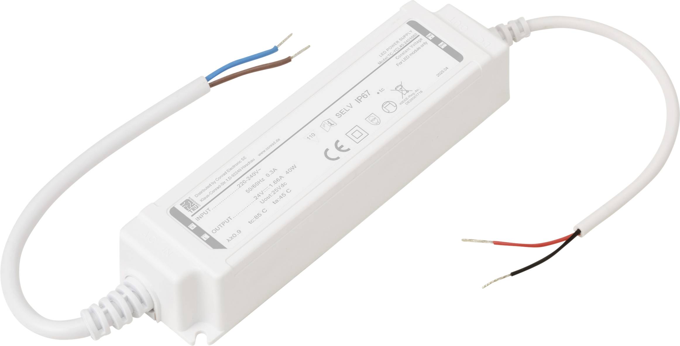 Ein rechteckiger LED-Treiber mit weißem Gehäuse, zwei Drähten, die von jedem Ende abstehen, mit technischen Spezifikationen auf seiner Oberfläche gekennzeichnet.