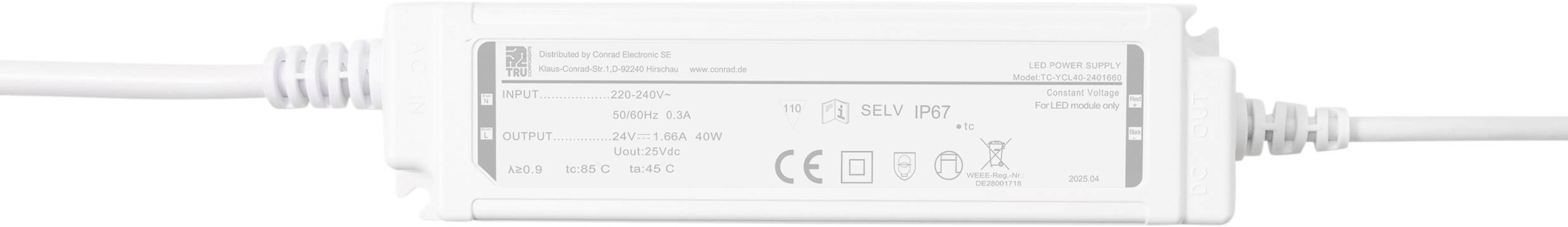 Ein weißer LED-Treiber mit beschrifteten Spezifikationen, einschließlich 'Modell: SOU-50-350' und Leistungsdaten. CE- und Recycling-Symbole sind sichtbar.