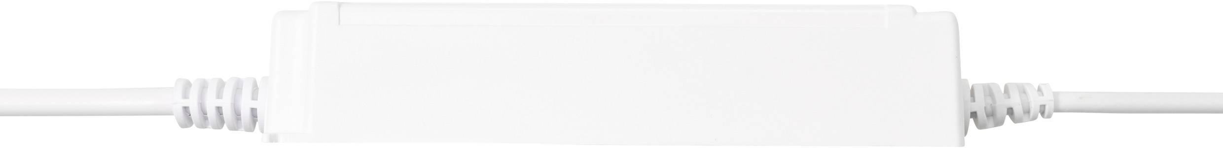 Ein weißer Stecker oder Adapter mit zwei angeschlossenen Kabeln, horizontal vor einem weißen Hintergrund positioniert.