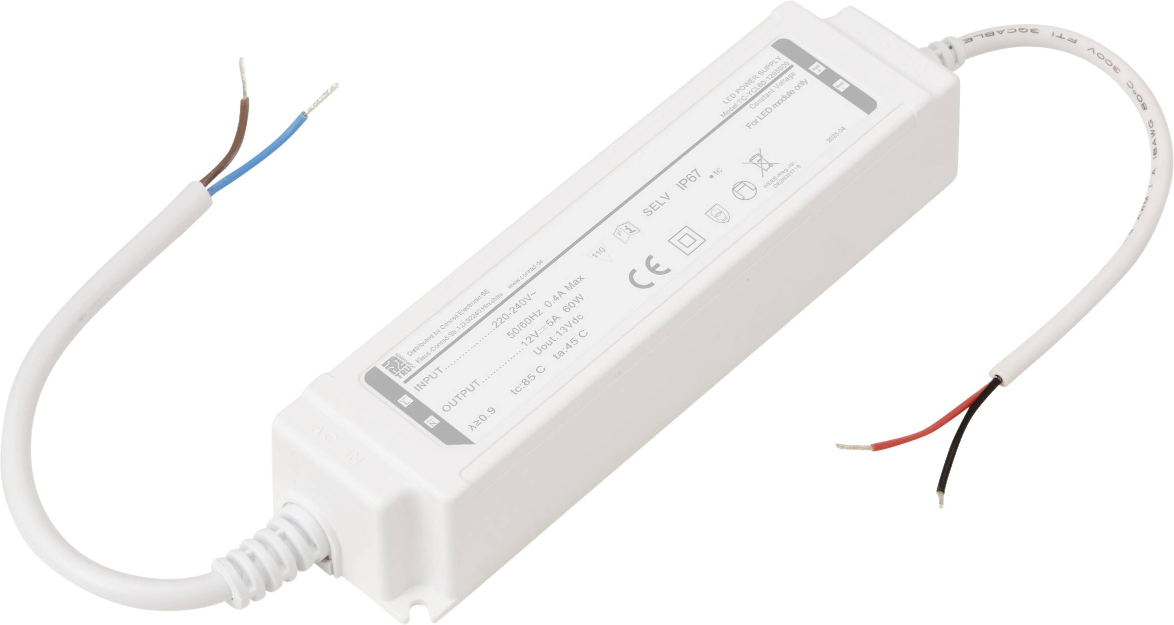 Rechteckiger weißer LED-Treiber mit beschrifteten Spezifikationen, ausgestattet mit zwei Drähten an jedem Ende für elektrische Anschlüsse.