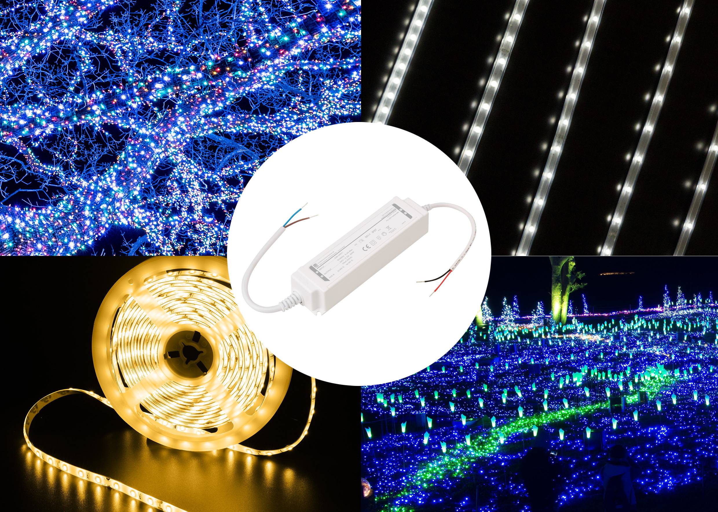 Collage von LED-Beleuchtungssetups: blaue Baumbeleuchtungen, lineare Streifen, eine Spule warmer Lichter und ein Feld blauer Lichter mit einem zentralen LED-Transformator.