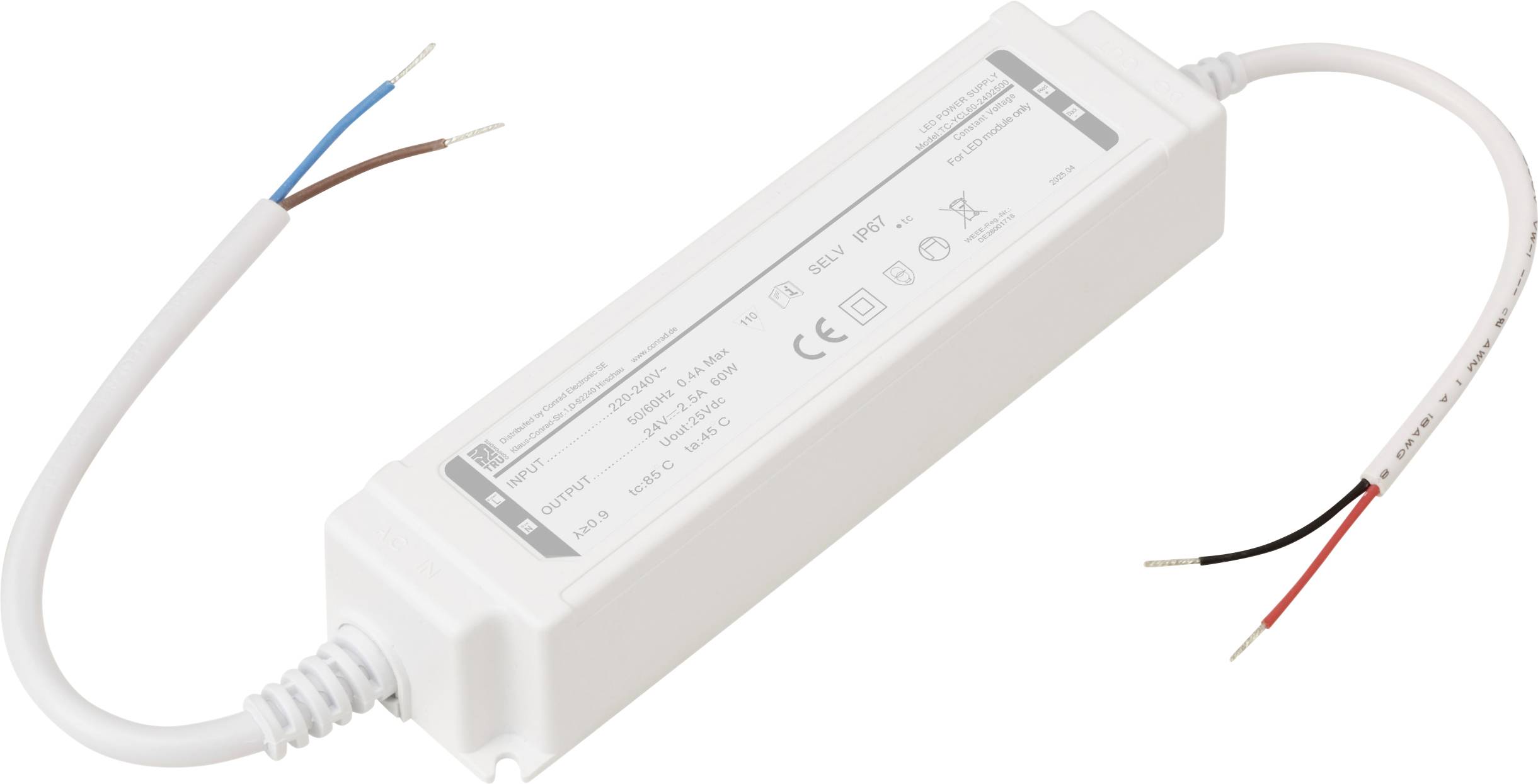 Rechteckiger weißer LED-Treiber mit Eingangskabeln an einem Ende und Ausgangskabeln am anderen Ende, beschriftet mit elektrischen Spezifikationen.