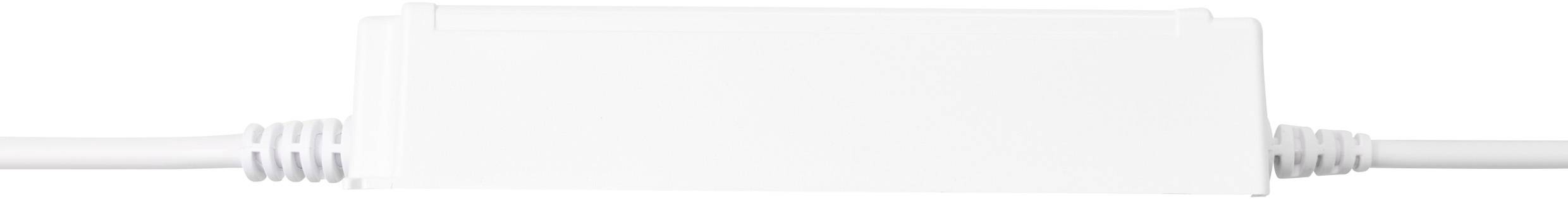 Ein weißer elektrischer Adapter mit Steckern an beiden Enden, der zum Anschluss elektronischer Geräte verwendet wird.