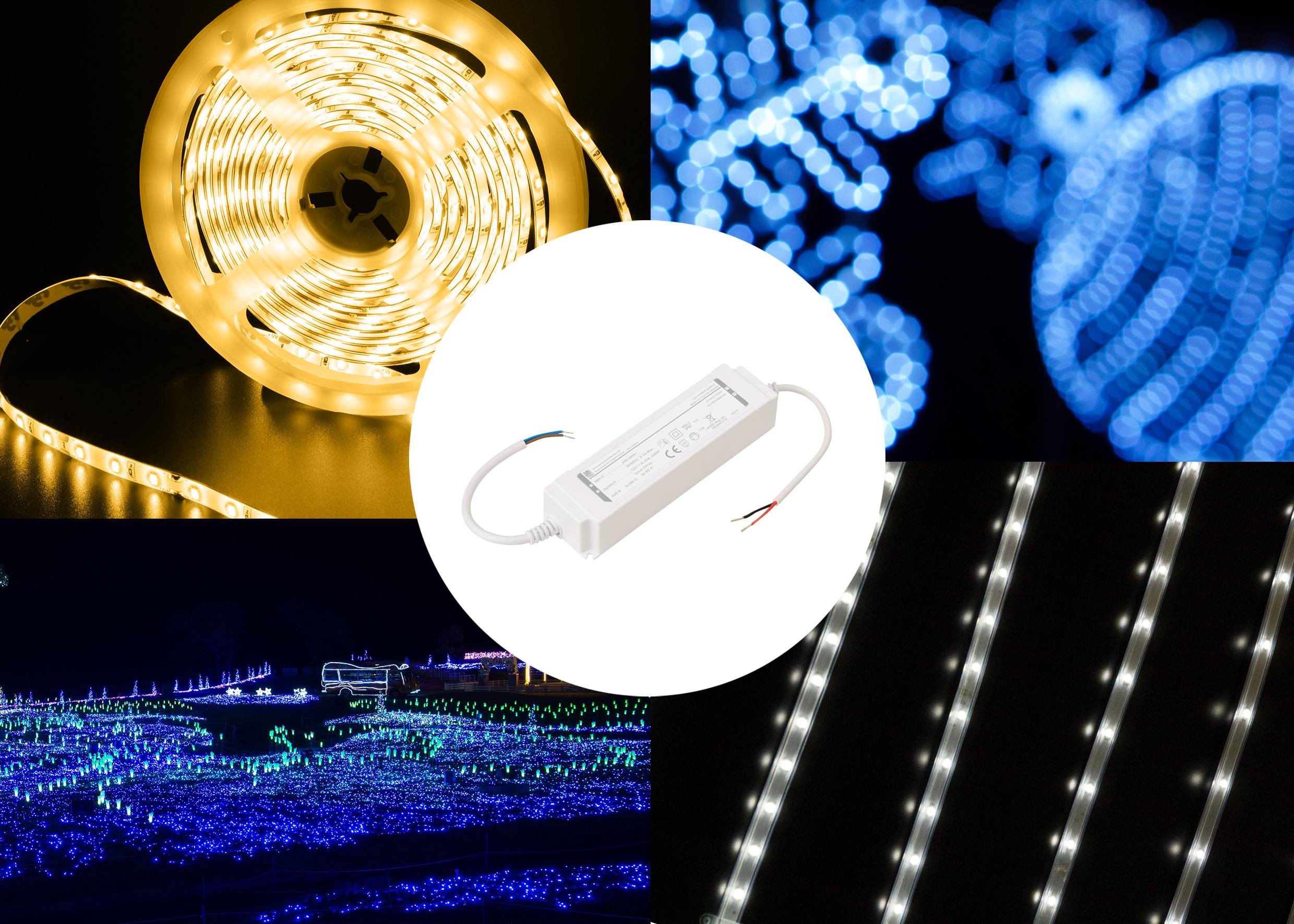 Verschiedene LED-Leuchten in unterschiedlichen Farben und Formen, einschließlich Lichtstreifen und dekorativer Beleuchtung, die eine zentrale elektrische Komponente umgeben.