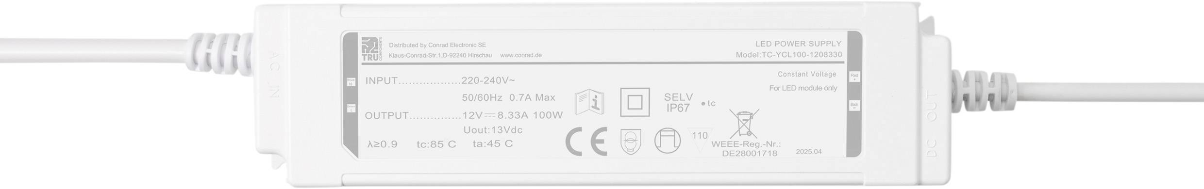Ein weißer LED-Treiber mit Eingangs-/Ausgangsspezifikationen, Zertifizierungszeichen und Sicherheitswarnungen wird dargestellt, der hauptsächlich für Beleuchtungszwecke verwendet wird.