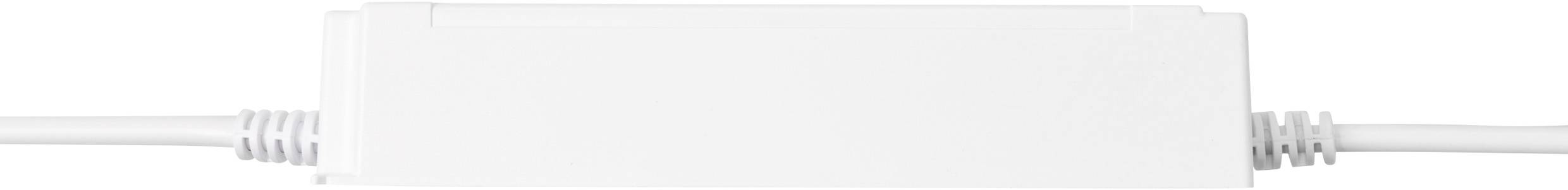 Ein weißer Netzteiladapter mit Ein- und Ausgangskabeln, die von beiden Enden herausragen.