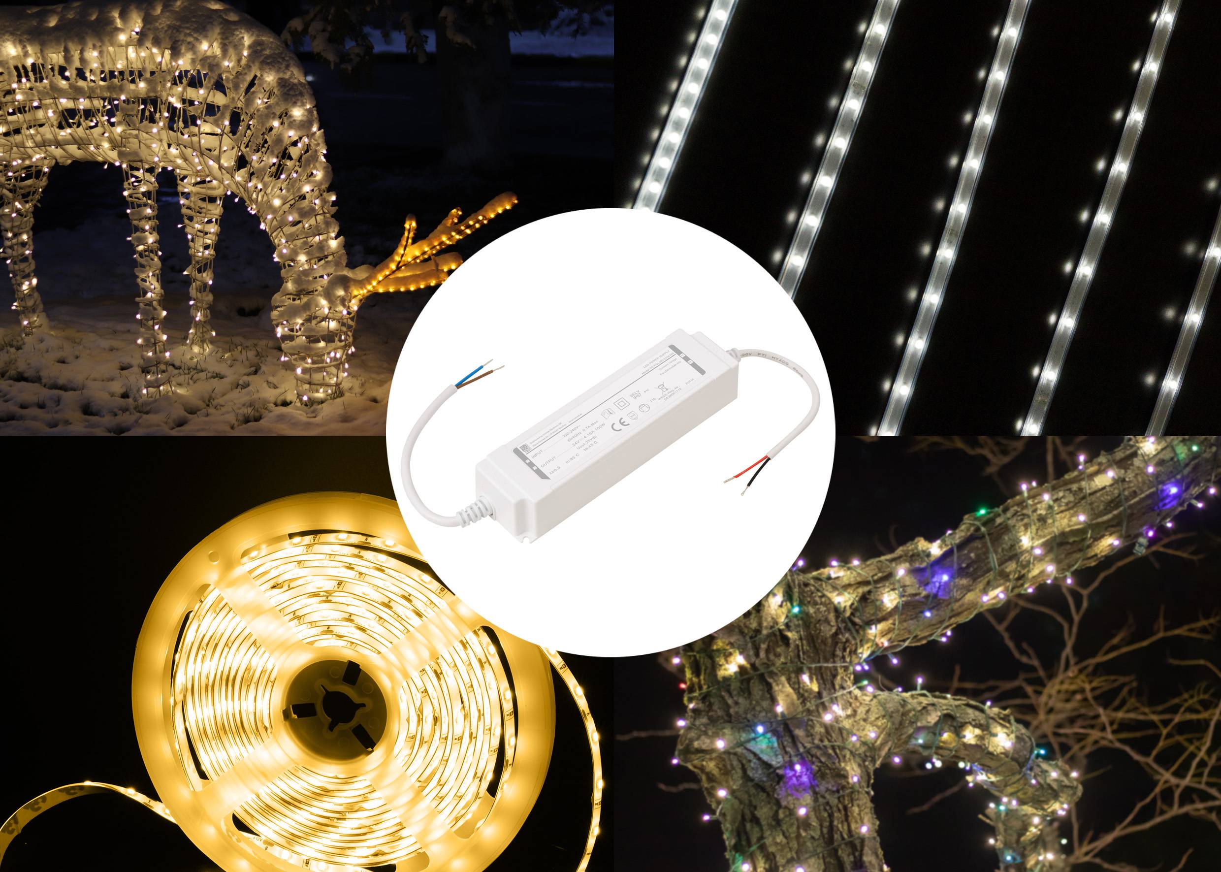 Außenbeleuchtungsdekoration mit LED-Streifen, die an Bäumen und Strukturen angebracht sind und verschiedene Beleuchtungsmuster hervorheben, mit einer rechteckigen Stromversorgungseinheit in der Mitte.