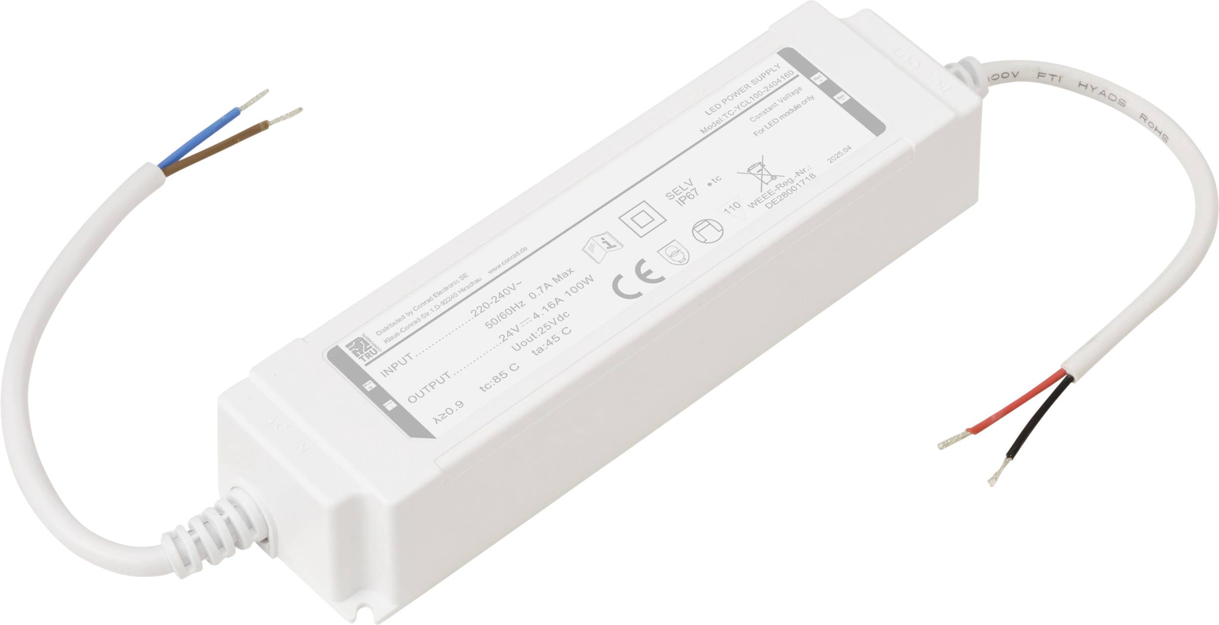 Rechteckiges LED-Netzteil mit Eingangs- und Ausgangskabeln. Zeigt Spezifikationen und Sicherheitssymbole auf dem Etikett.