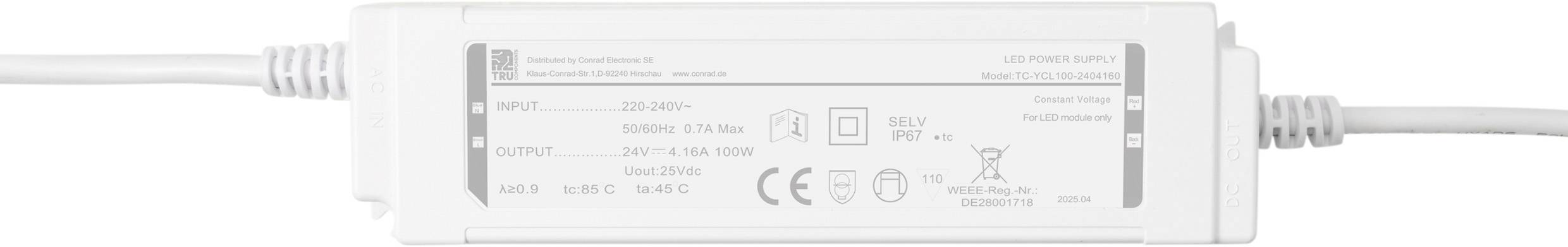 Netzteil mit Eingang: 220-240V, 50/60Hz, Ausgang: 220V-240V, 4A, gekennzeichnet mit CE- und Recycling-Symbolen.
