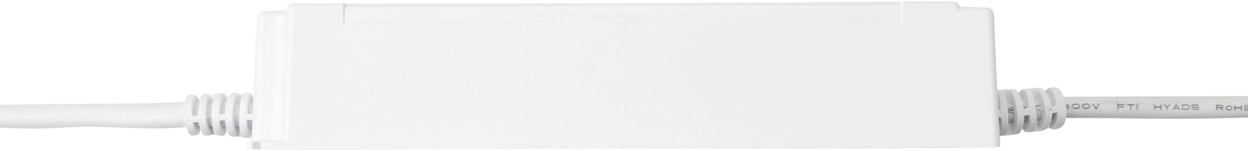 Ein schlichtes, rechteckiges weißes elektronisches Gerät mit Kabeln, die an beiden Seiten angeschlossen sind.