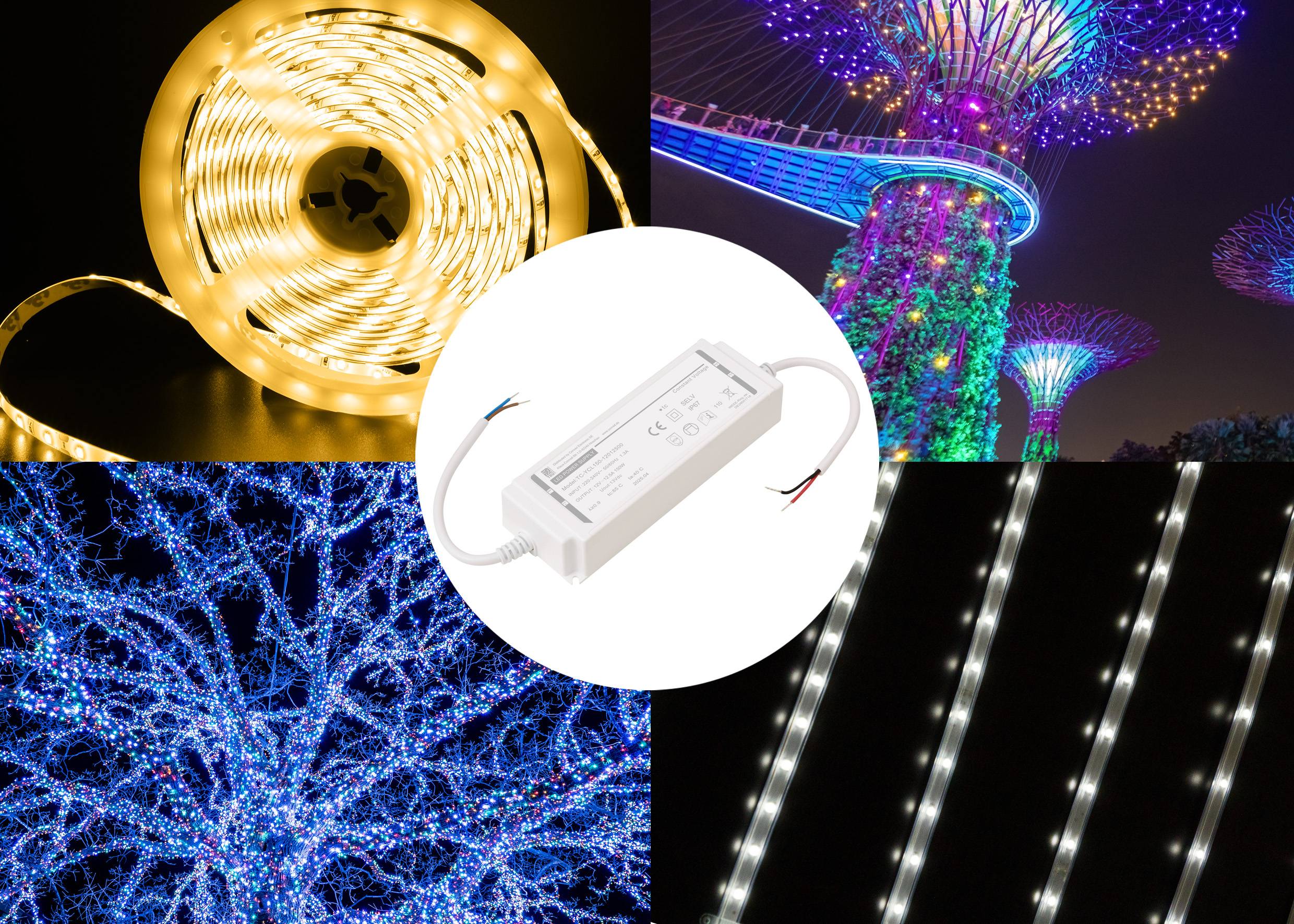 LED-Beleuchtungsanwendungen: warme Streifenlichter auf Rolle, bunte Bauminstallation, beleuchtete Baumäste und vertikale Lichtbalken.