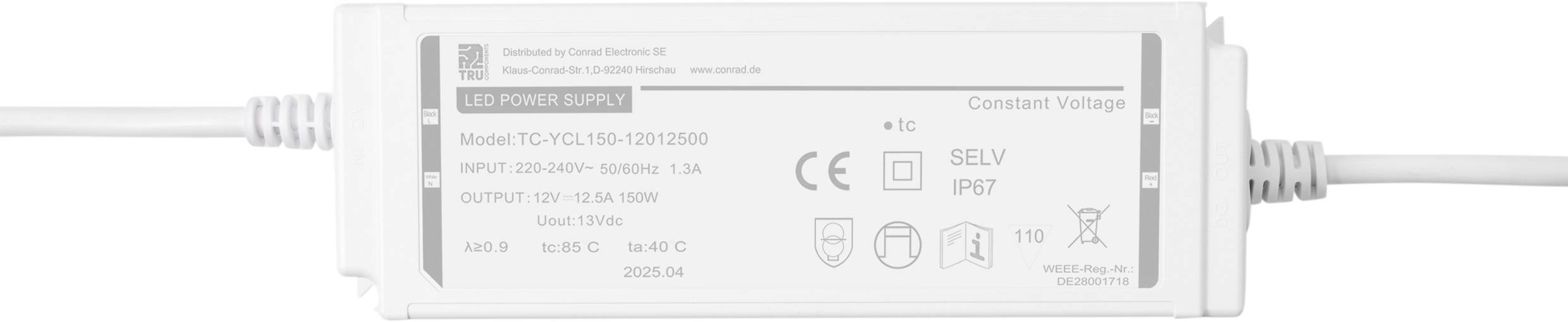 Eine weiße LED-Stromversorgungseinheit mit Modell TPC-100-12SN13060. Eingangsspannung: 220-240V; Ausgangsspannung: 12V, max. 120W. Merkmale: IP67, SELV, CE-Kennzeichnungen.