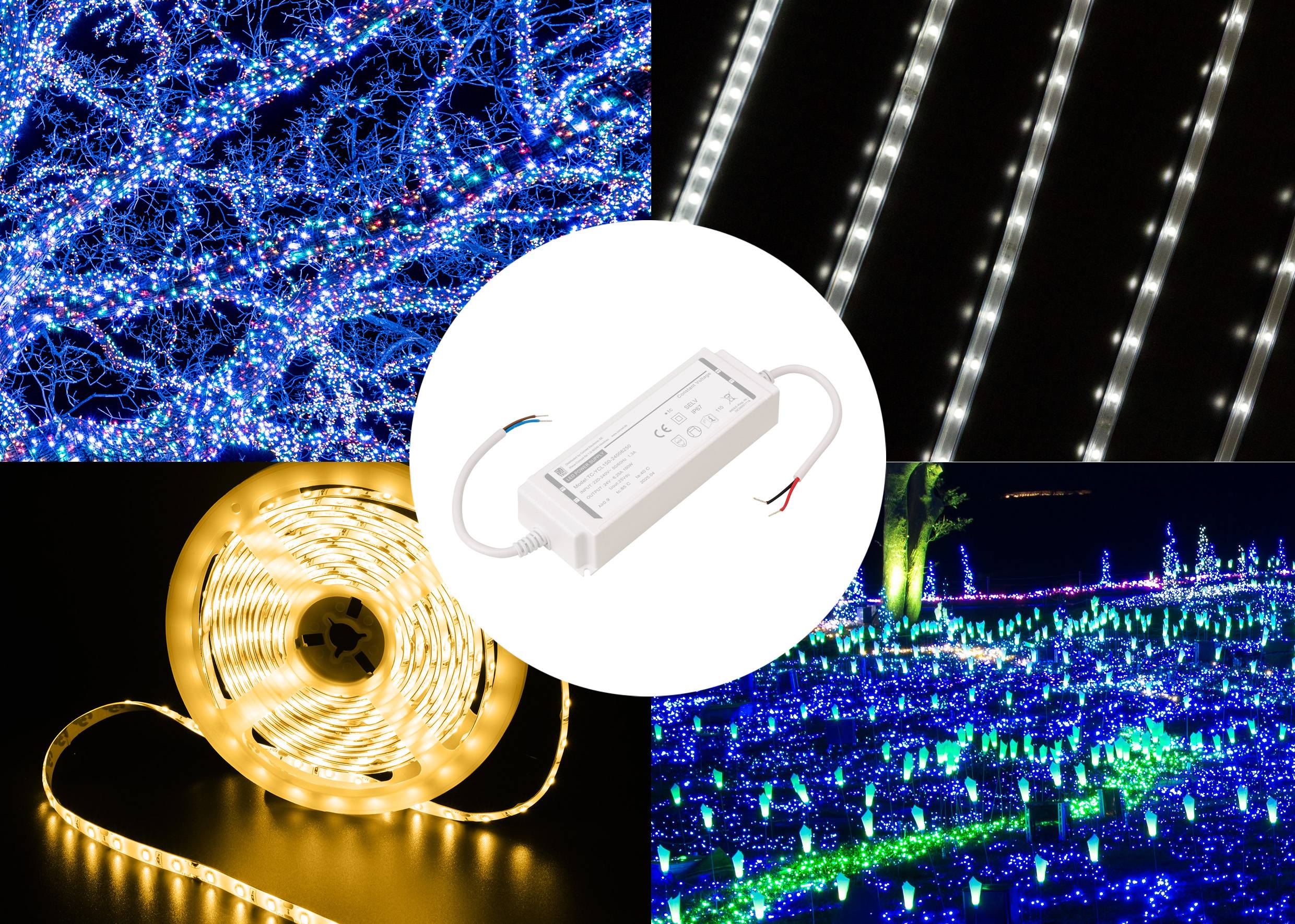 Vier Panels zeigen verschiedene LED-Beleuchtungsaufbauten: blaue Baumbeleuchtung, weiße Lichtleisten, eine kreisförmige Spule mit gelben Lichtstreifen und eine blaue Felddisplay, zentriert um eine weiße Stromversorgung.