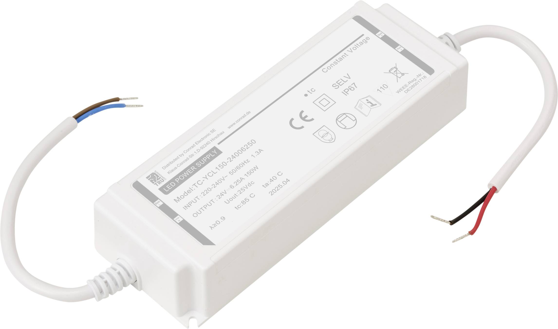 Ein weißes rechteckiges LED-Netzteil mit freiliegenden Eingangs- und Ausgangskabeln an beiden Enden, auf dem verschiedene elektrische Spezifikationen angezeigt werden.