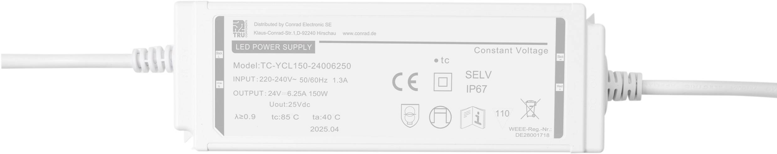 Weiße LED-Stromversorgung mit verschiedenen Spezifikationen, einschließlich Eingabe- und Ausgabedaten, Sicherheitszertifizierungen und Modellnummer.