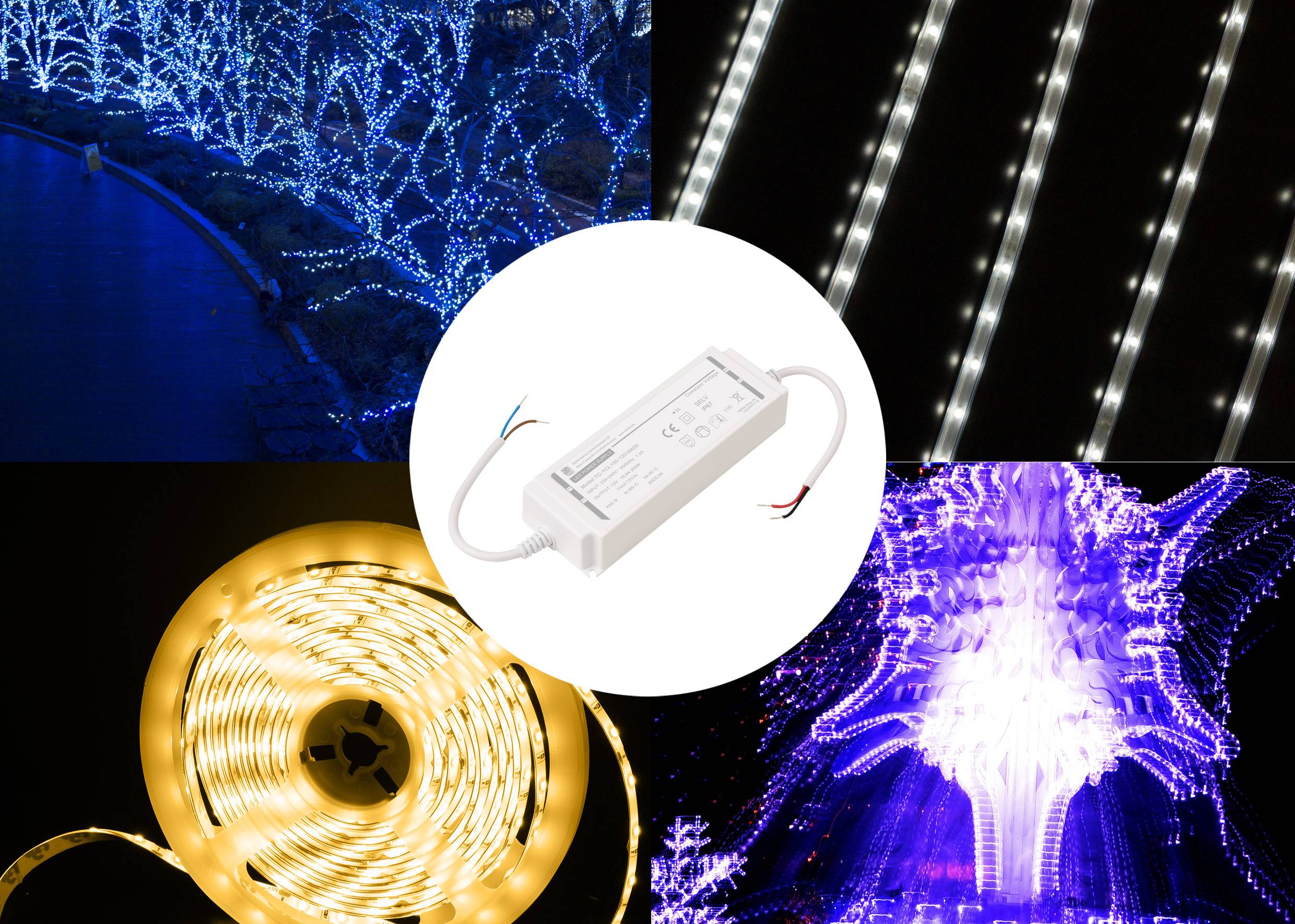 Eine Collage mit verschiedenen LED-Lichtstreifen in blauen, weißen und gelben Farbtönen, mit einem zentralen Bild eines LED-Netzteils.